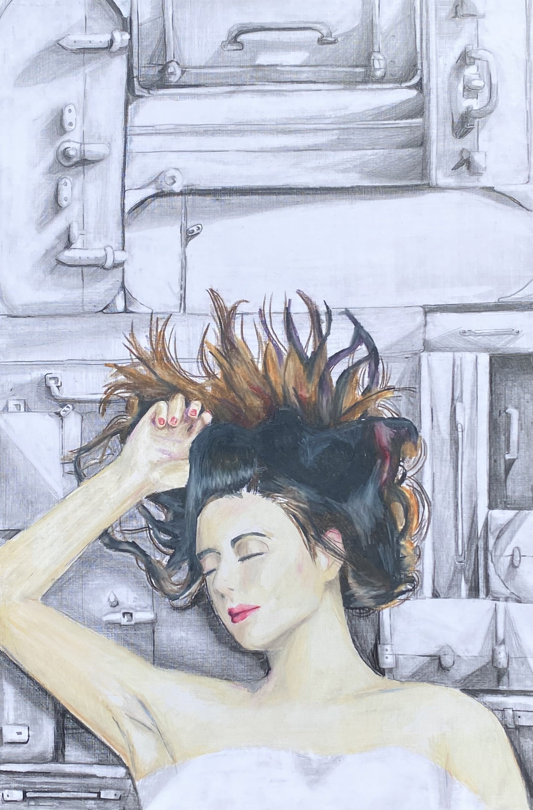Surreal artwork of a woman with eyes closed, holding her tousled hair against a backdrop resembling an industrial setting with machinery.