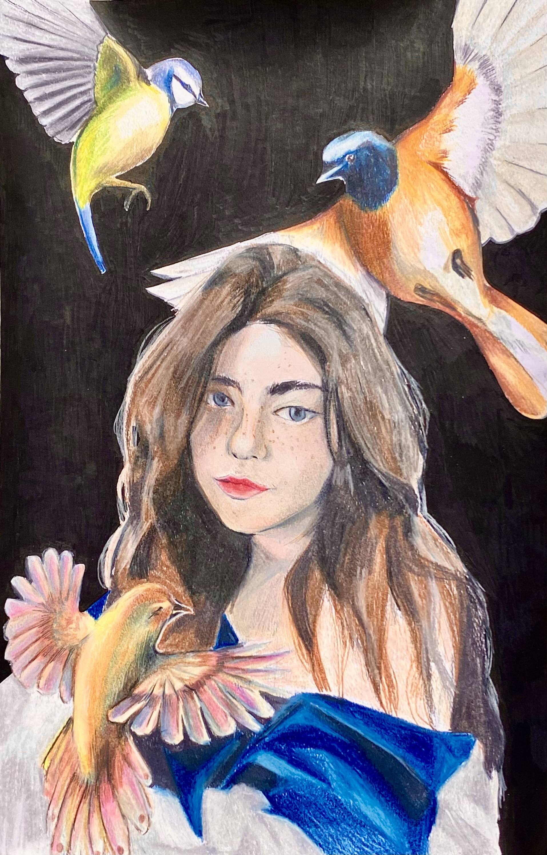 Illustration of a woman with birds