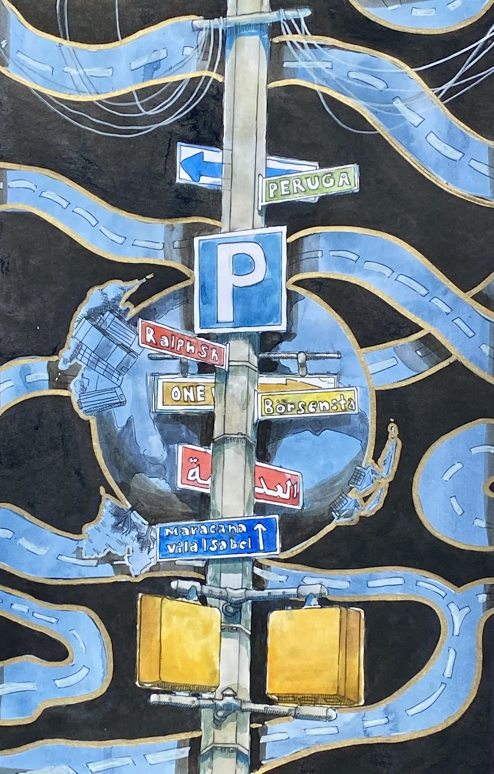 Artistic depiction of a street pole with various colorful signs and road paths curving around. Includes signs with text like 'Peruga,' 'Ralphsh,' and a large 'P' symbol for parking, set against a dark background with winding roads.