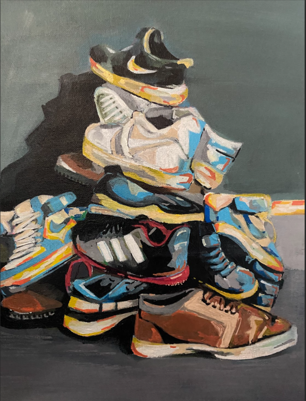 A colorful painting depicting a pile of various sneakers and athletic shoes stacked haphazardly against a dark background.