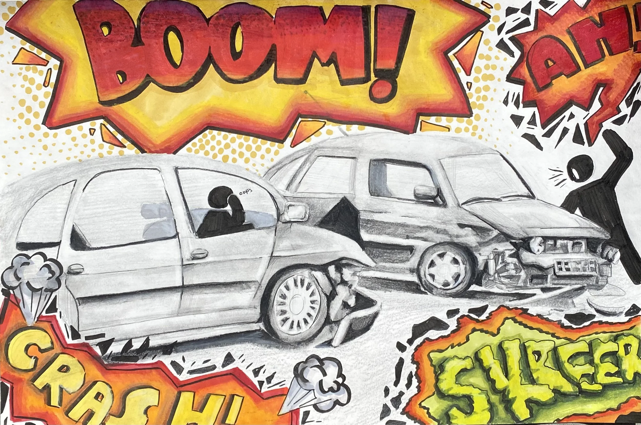 Comic-style illustration depicting a car crash with two damaged vehicles. Sound effects like "Boom," "Crash," and "Screech" are displayed prominently. Figures inside and outside the cars seem distressed.