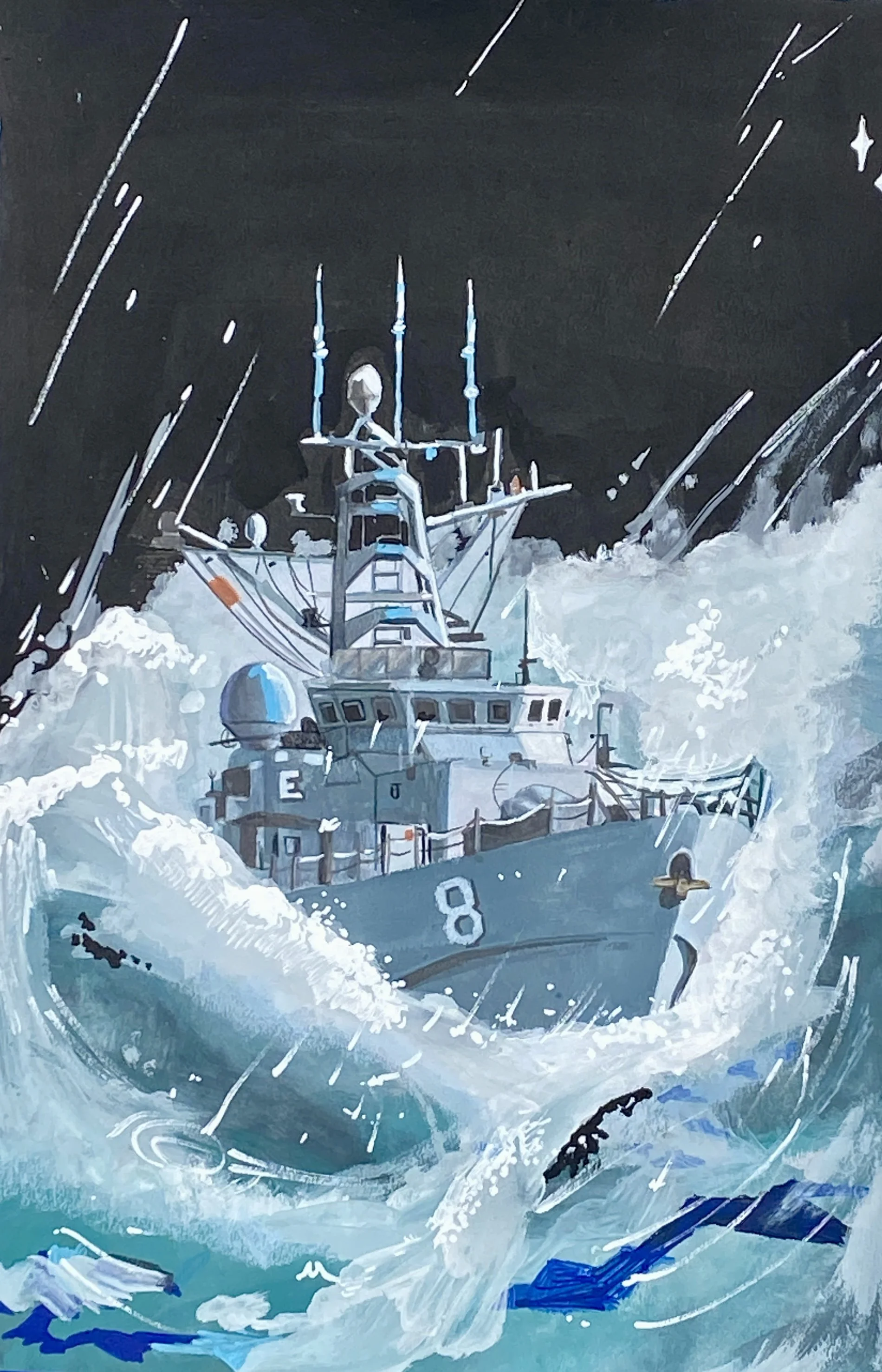 Illustration of a navy ship labeled "8" navigating through rough seas at night, with waves crashing and radar antennas visible.