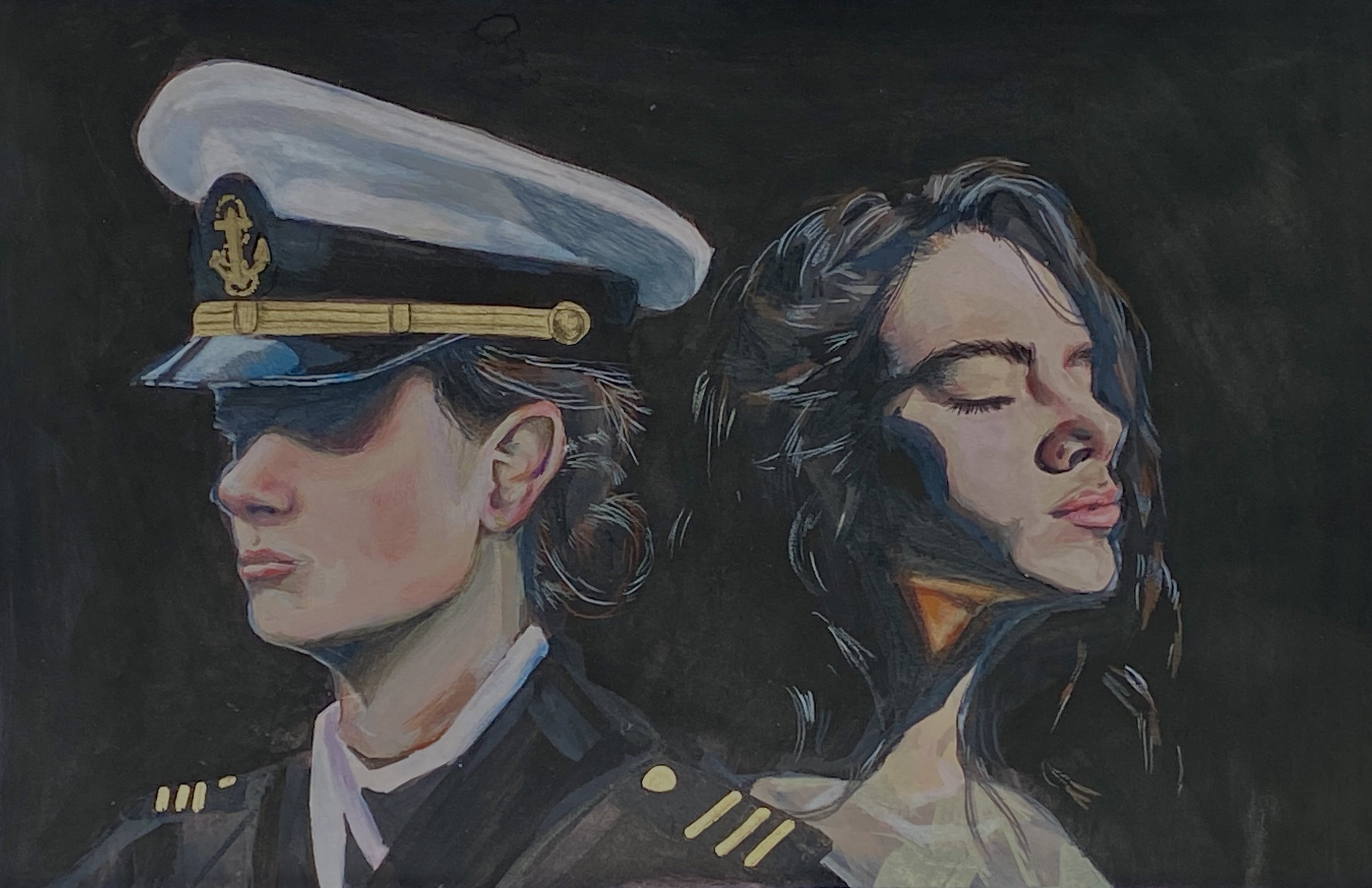 A painting featuring two women. One is wearing a naval officer's uniform with a white cap, looking to the side. The other has long hair, eyes closed, and a peaceful expression, facing forward.