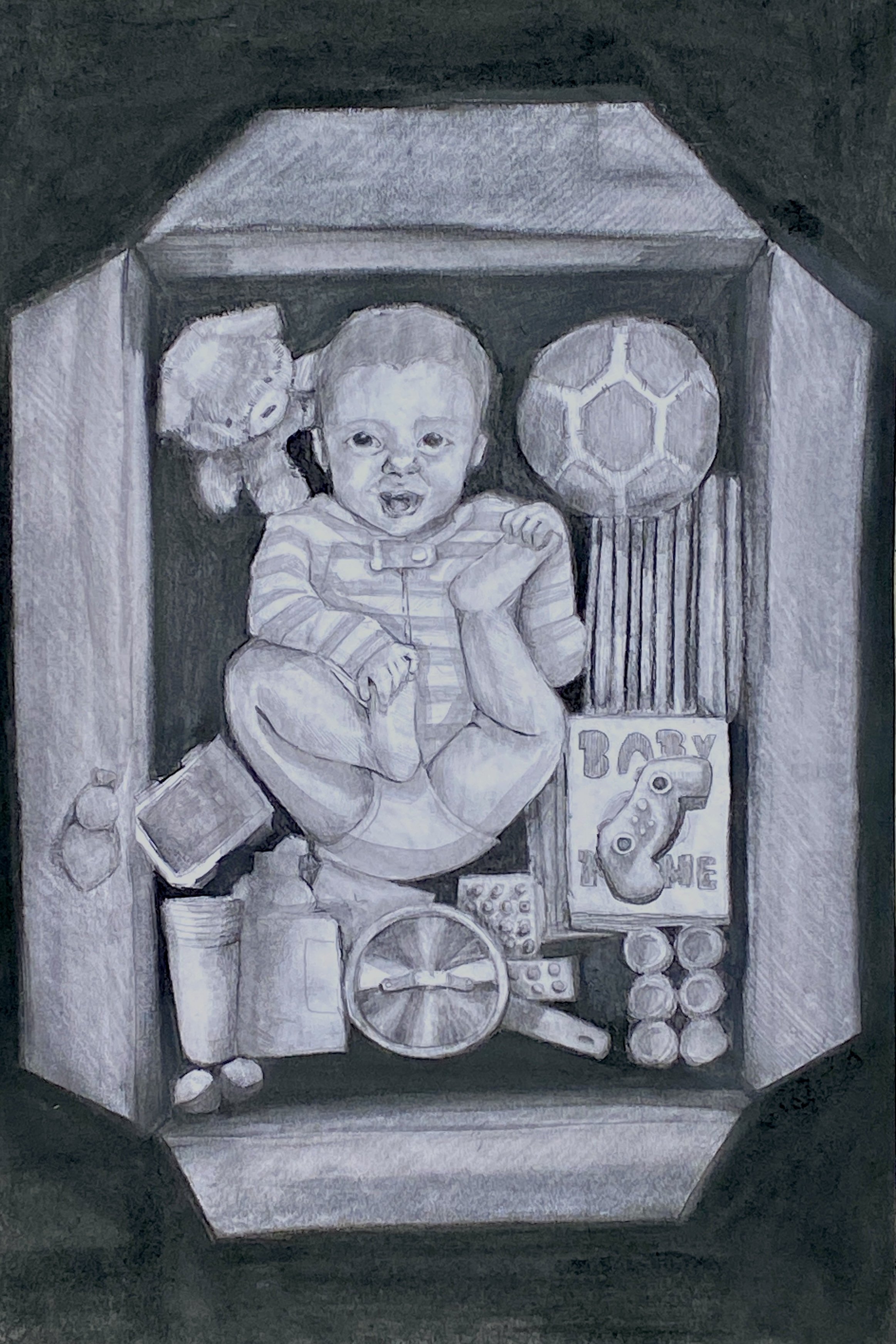 Pencil drawing of a baby inside a box with items like a teddy bear, soccer ball, baby bottle, and various objects.