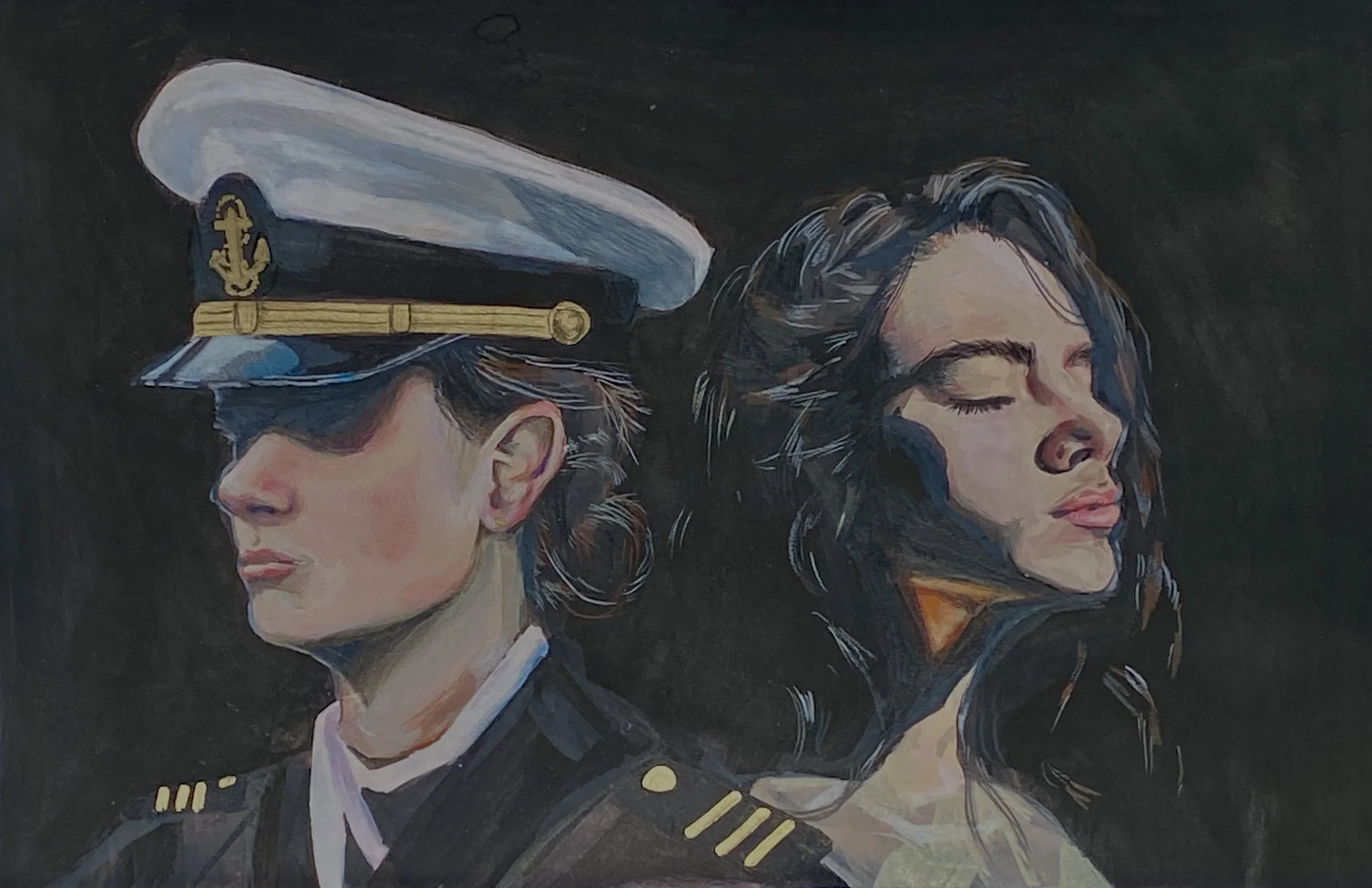 Painting of a person in a naval officer's uniform and a woman with long hair.
