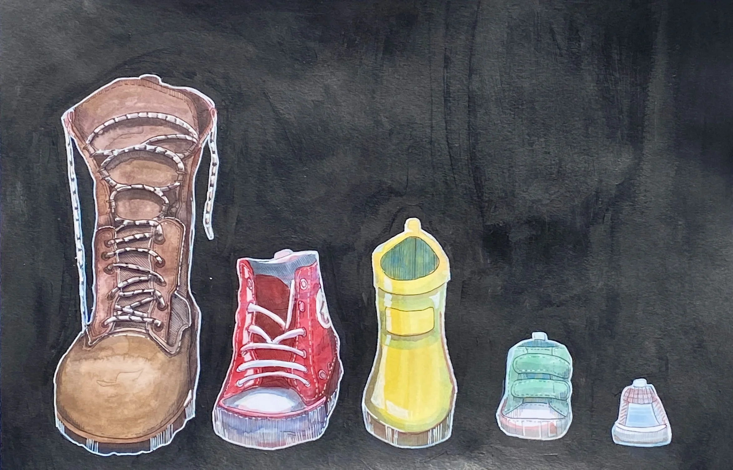 Illustration of a progression of objects, including a large brown boot, a red sneaker, a yellow rain boot, a small green sneaker, and a tiny shoe-like shape.
