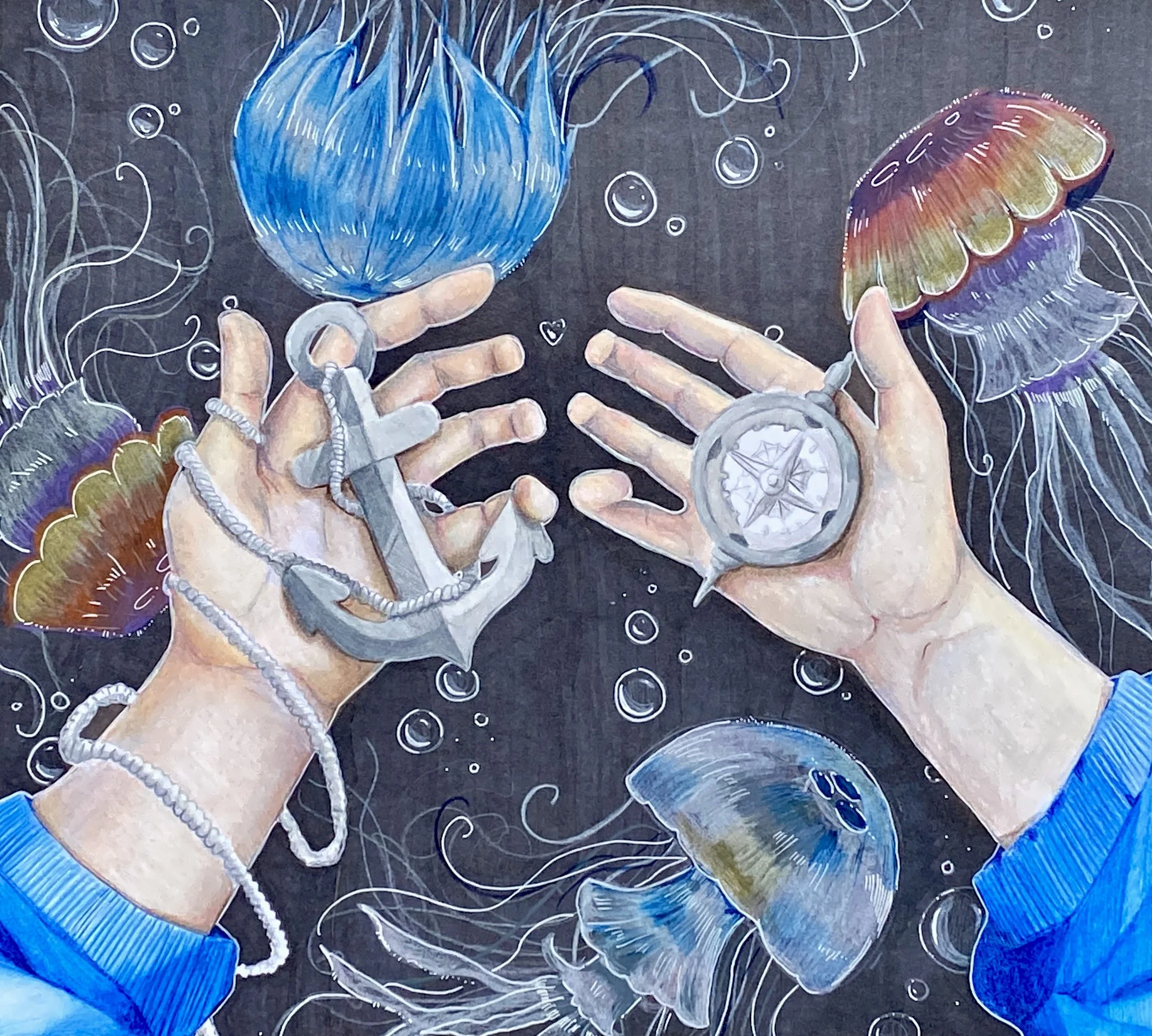 Artistic depiction of two hands underwater, holding an anchor and a compass, surrounded by colorful jellyfish and air bubbles.