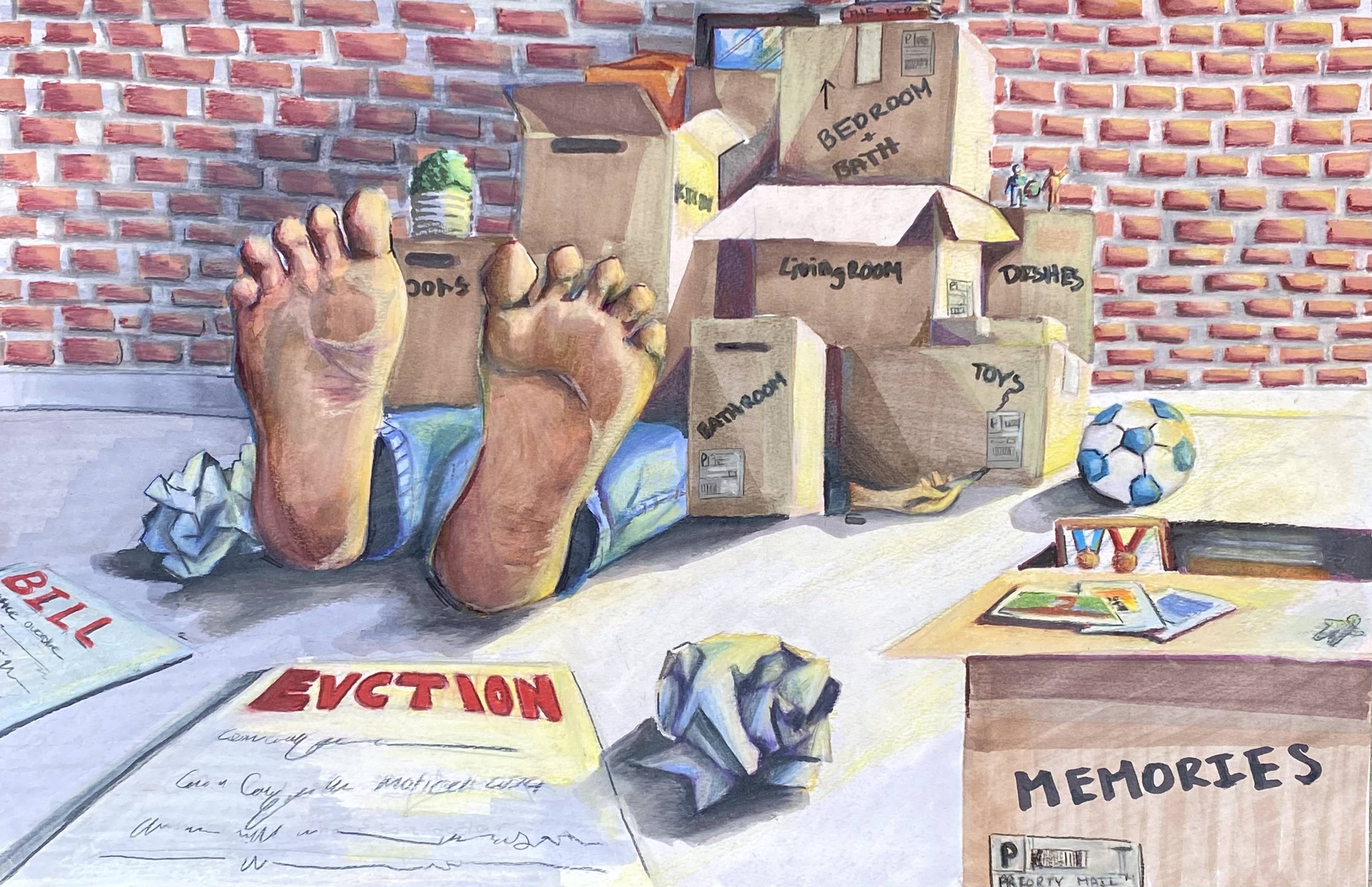Illustration showing a person lying on a floor surrounded by labeled moving boxes: 'Bedroom + Bath,' 'Living Room,' 'Toys,' 'Memories.' Crumpled paper, a soccer ball, and eviction notices are nearby. The person’s bare feet are visible, and the backgr