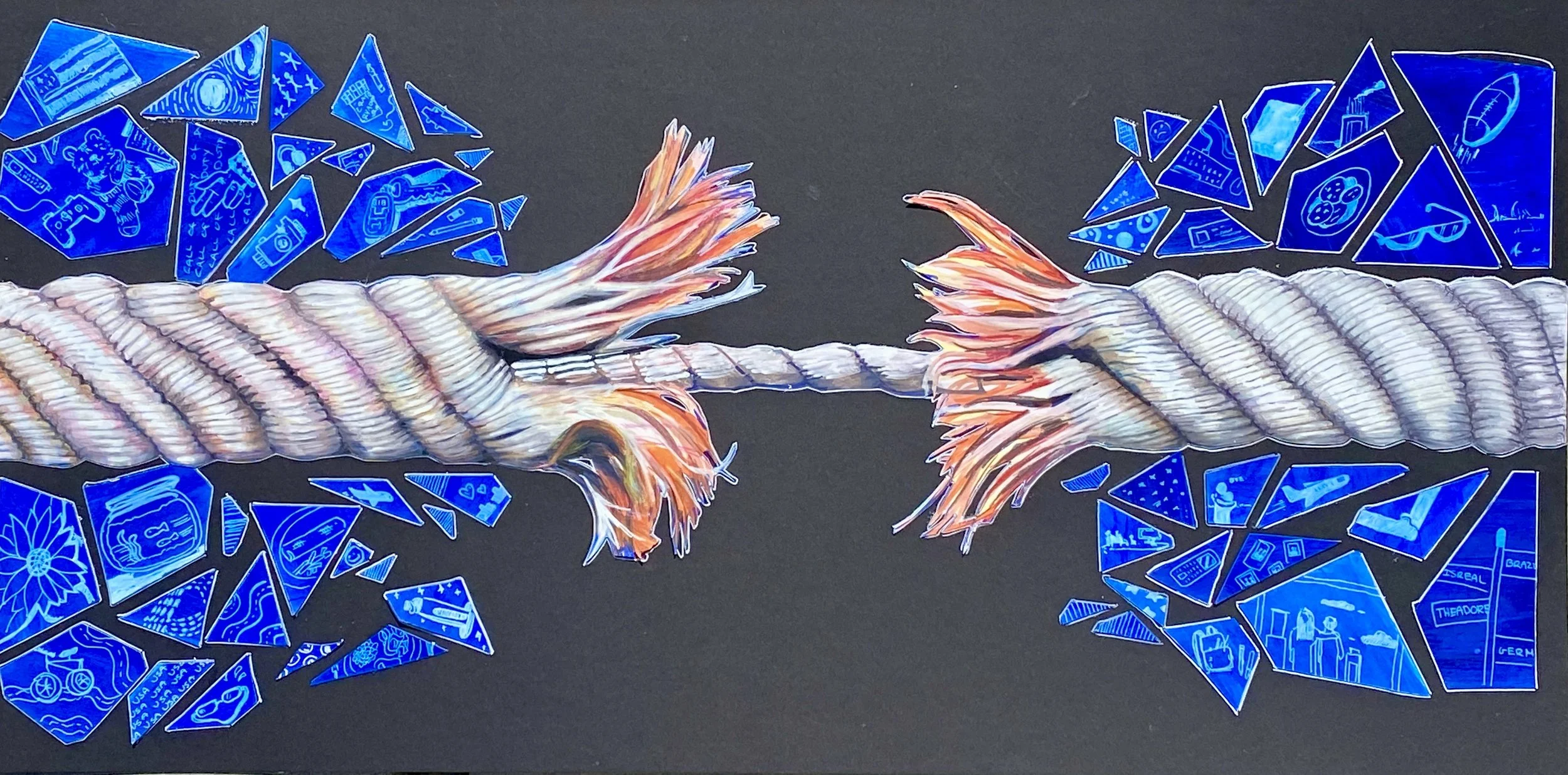 Illustration of a fraying rope with blue fragmented background