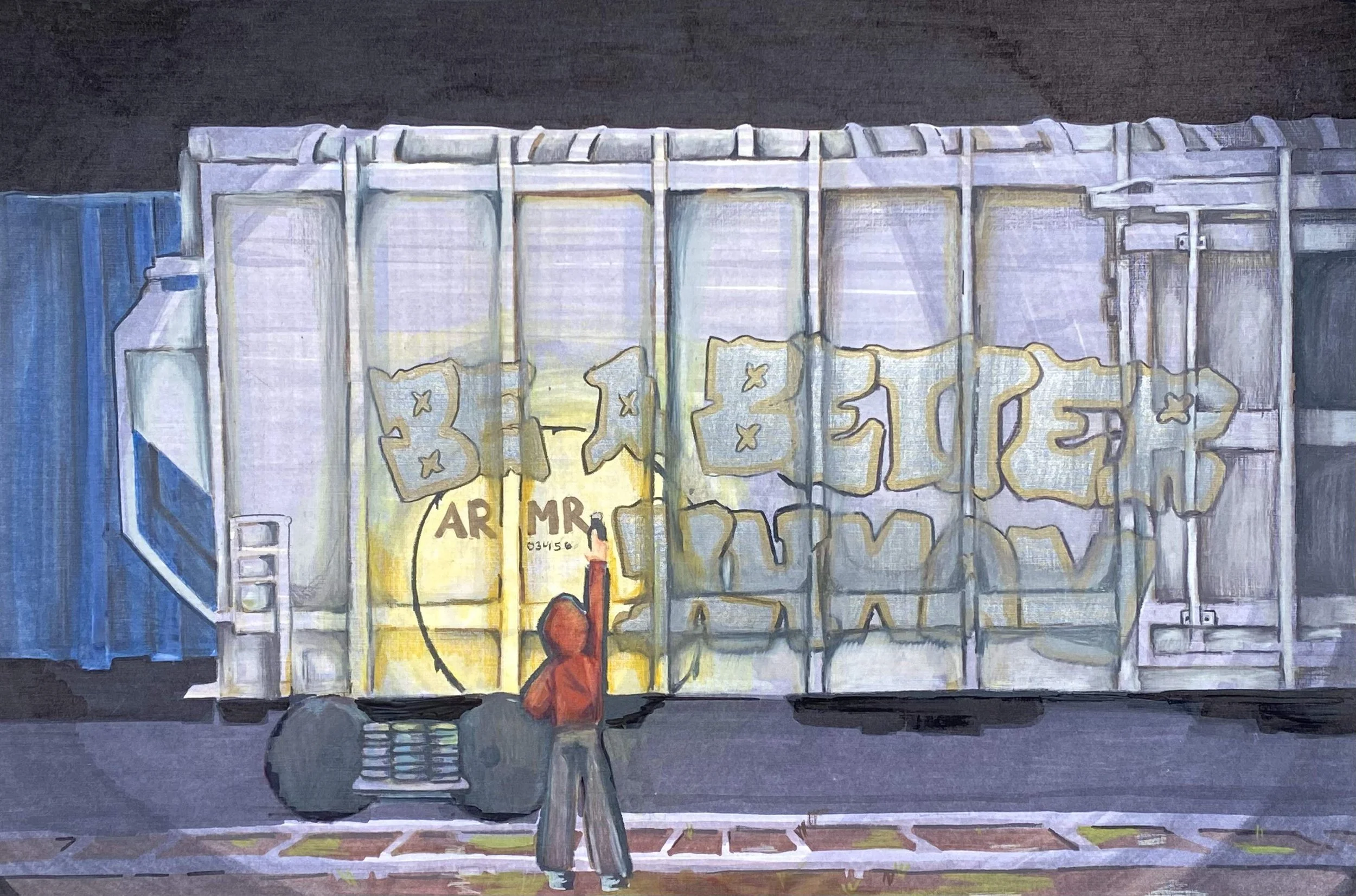 Artwork of a person in a hoodie painting graffiti on a train car. The graffiti reads "BE A BETTER HUMAN" in large, bubble letters. The scene is set at night, with shadows and muted colors giving a dimly lit ambiance.