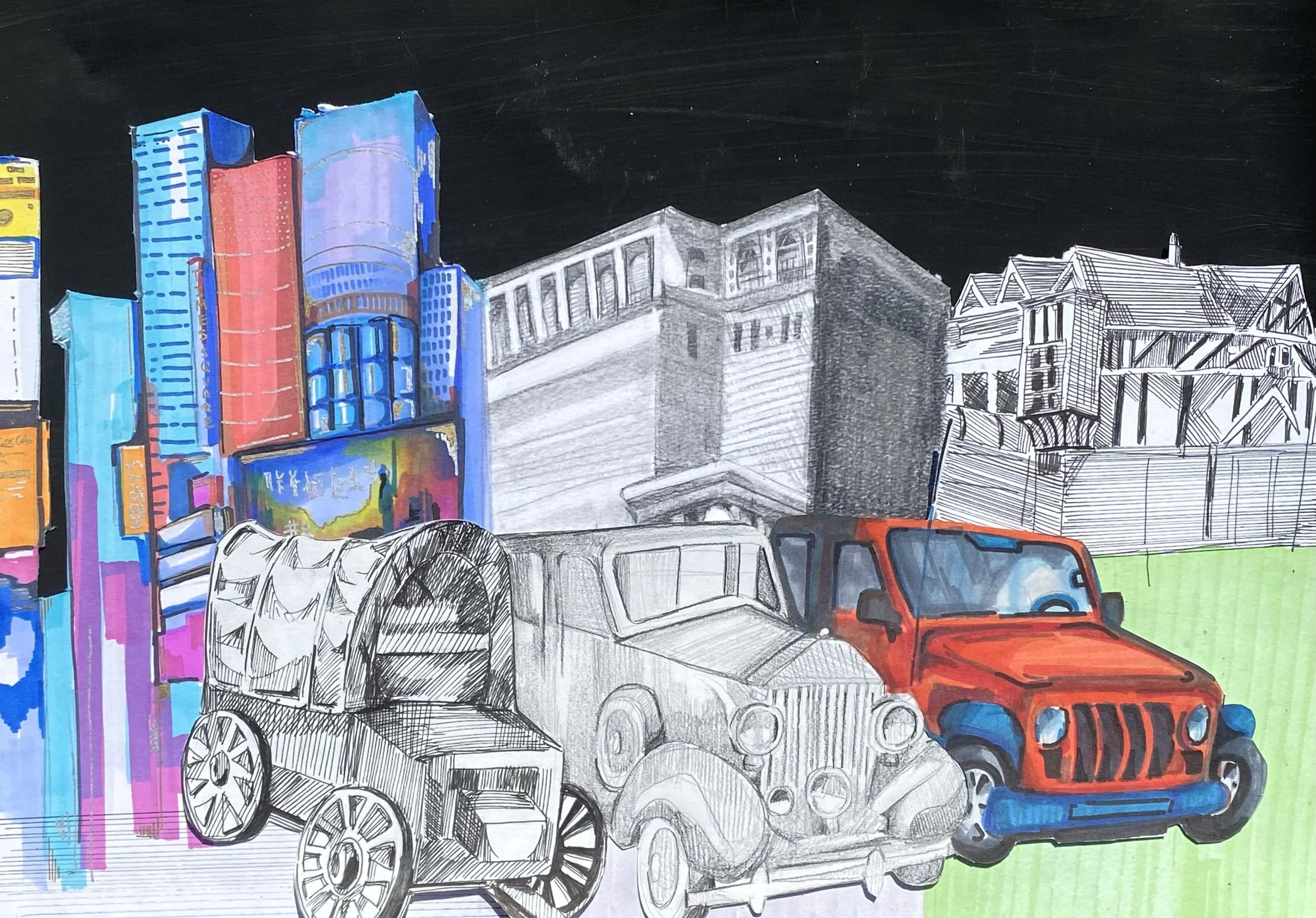 Illustration of a cityscape with old and new vehicles, including a covered wagon, vintage car, and modern SUV, in front of colorful skyscrapers and traditional buildings.