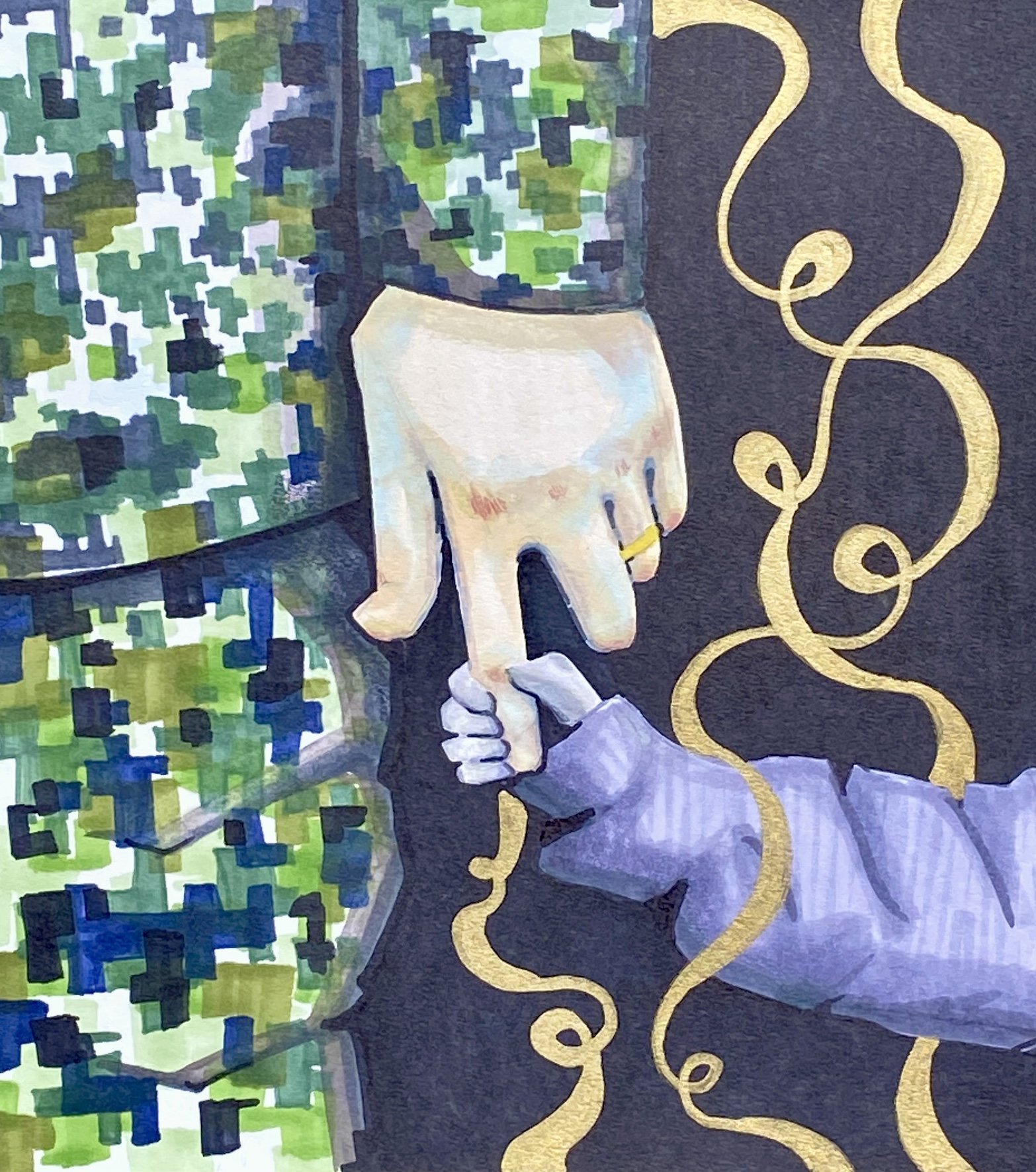 A painting depicts a hand in a camouflage sleeve holding a child's hand. The adult hand has a ring on its ring finger. There are swirling golden lines in the background.