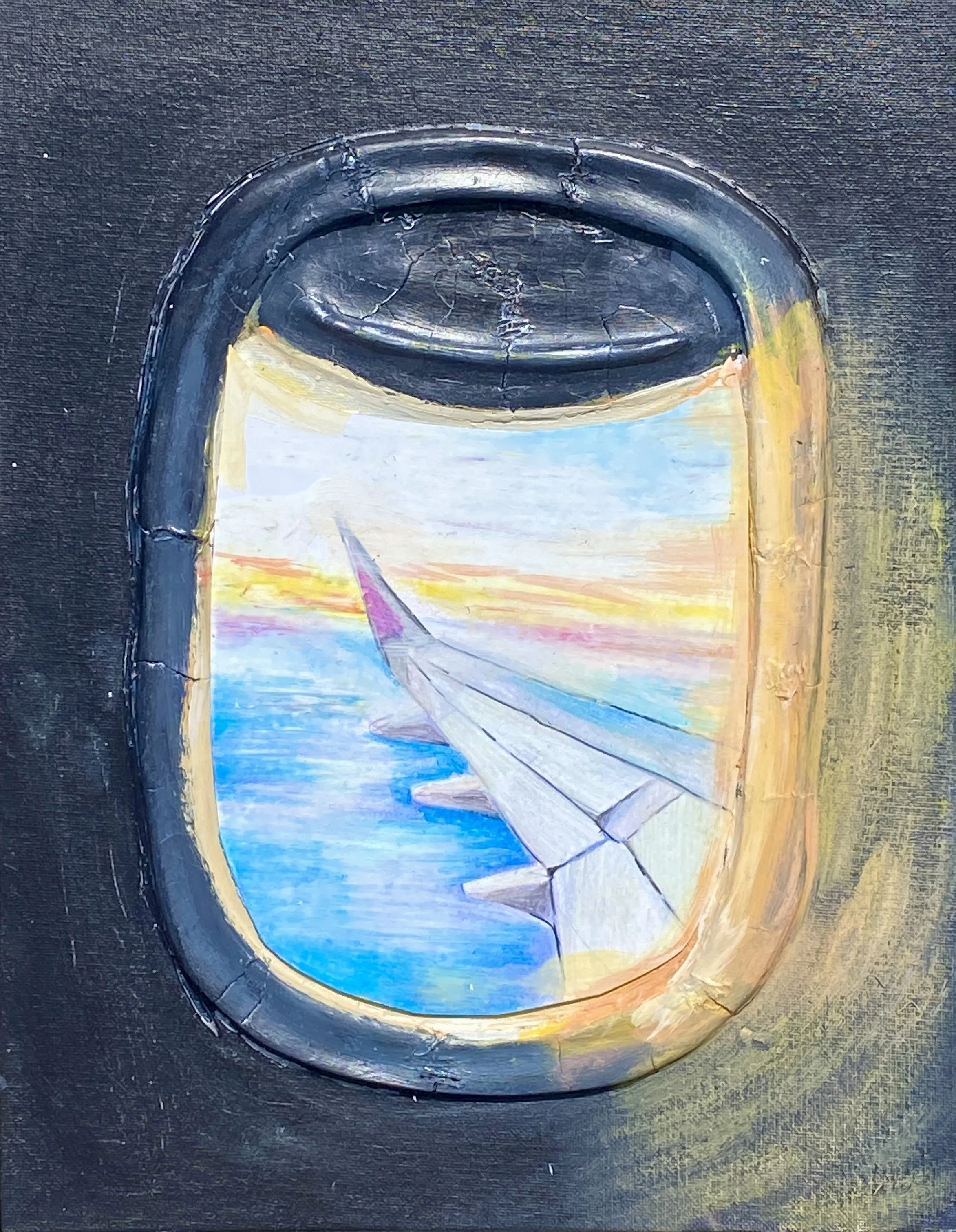 Painting of an airplane window showing a wing and a colorful sky.