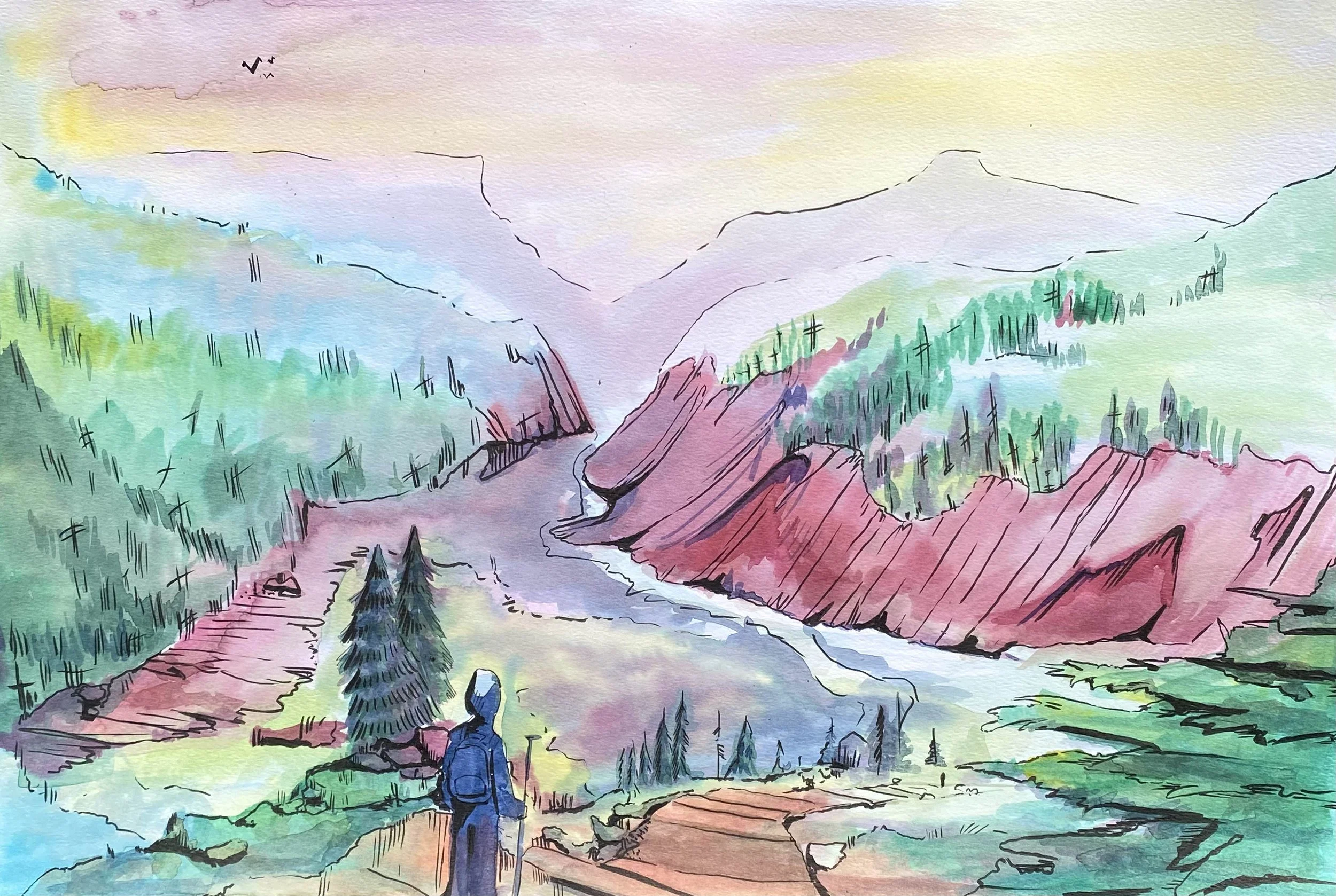 Watercolor painting of a landscape with mountains, a river, and a person hiking, dressed in blue, in the foreground. The sky is colorful with a sunset effect.