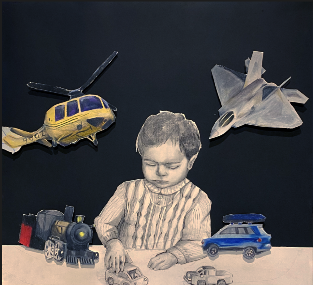Artwork featuring a child playing with toy vehicles including a helicopter, jet, train, and cars on a black background.