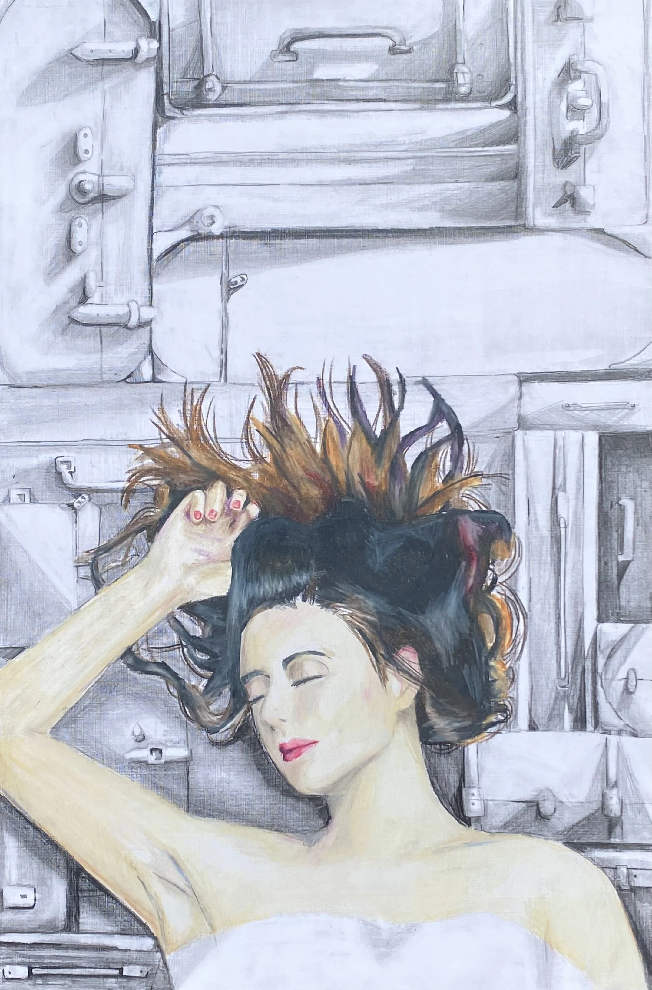Surreal drawing of a woman with closed eyes, lying against a background of mechanical, industrial elements. Her hair is spread out, with her hand touching her head.