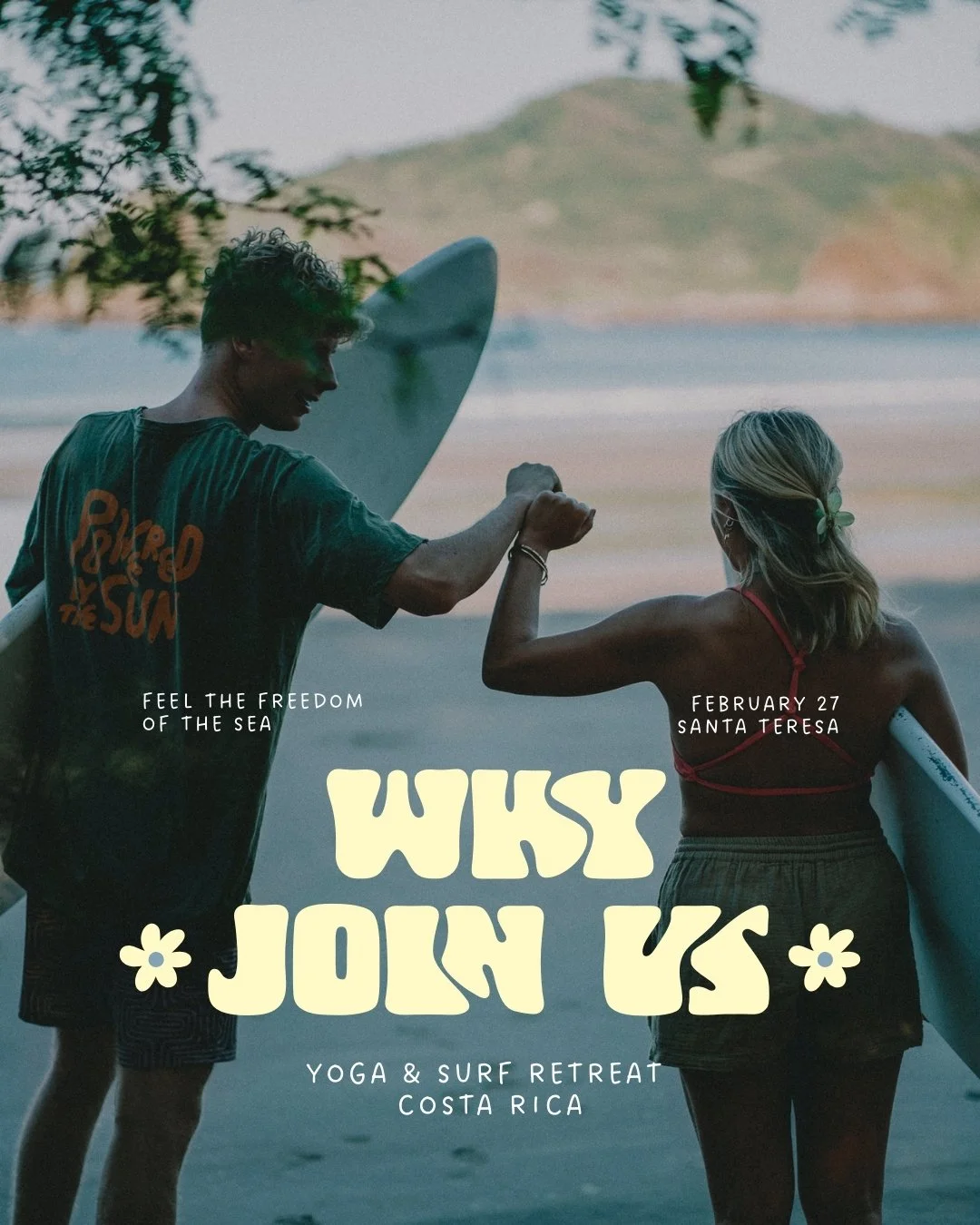 Josh & Soph holding hands on a beach in Costa Rica, with a boat and mountain in the background, promoting a yoga and surf retreat.