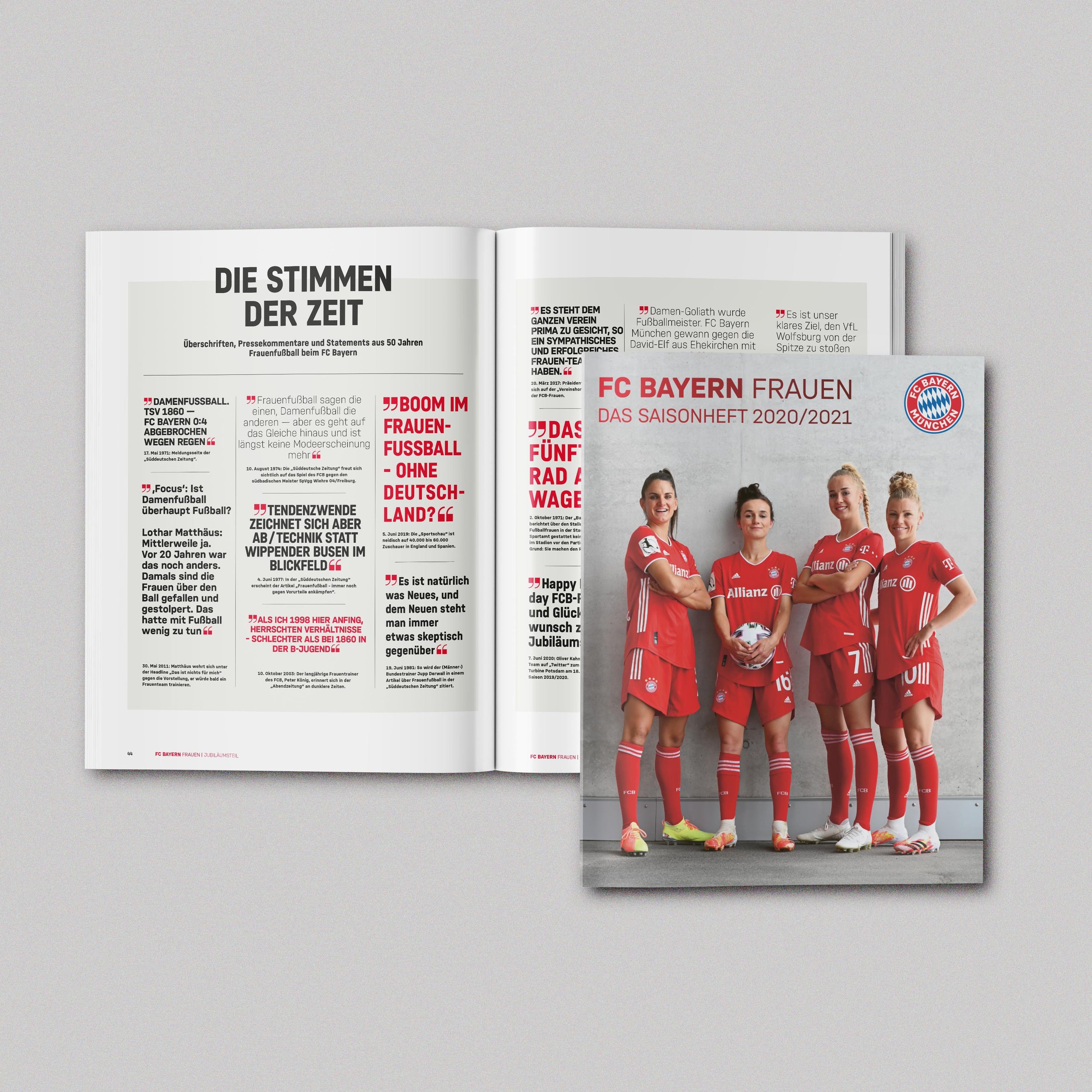 Magazin mit 1. Mannschaft Frauen FC Bayern und Typografie.