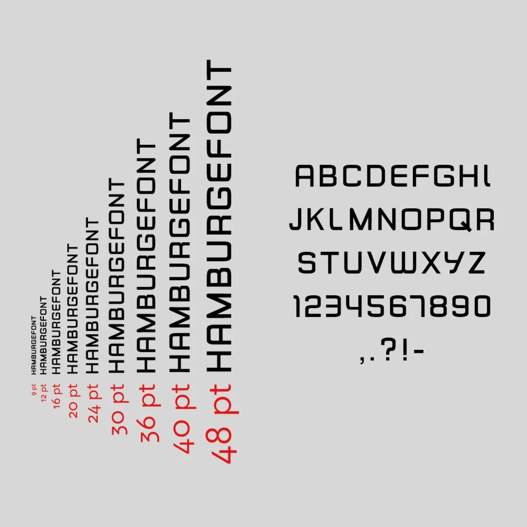 Die Abbildung zeigt eine Schriftartprobe mit verschiedenen Schriftgrößen in Punkten, die Wörter 'Hamburger' und 'Hamburg' sowie den Buchstaben- und Zahlensatz enthält.