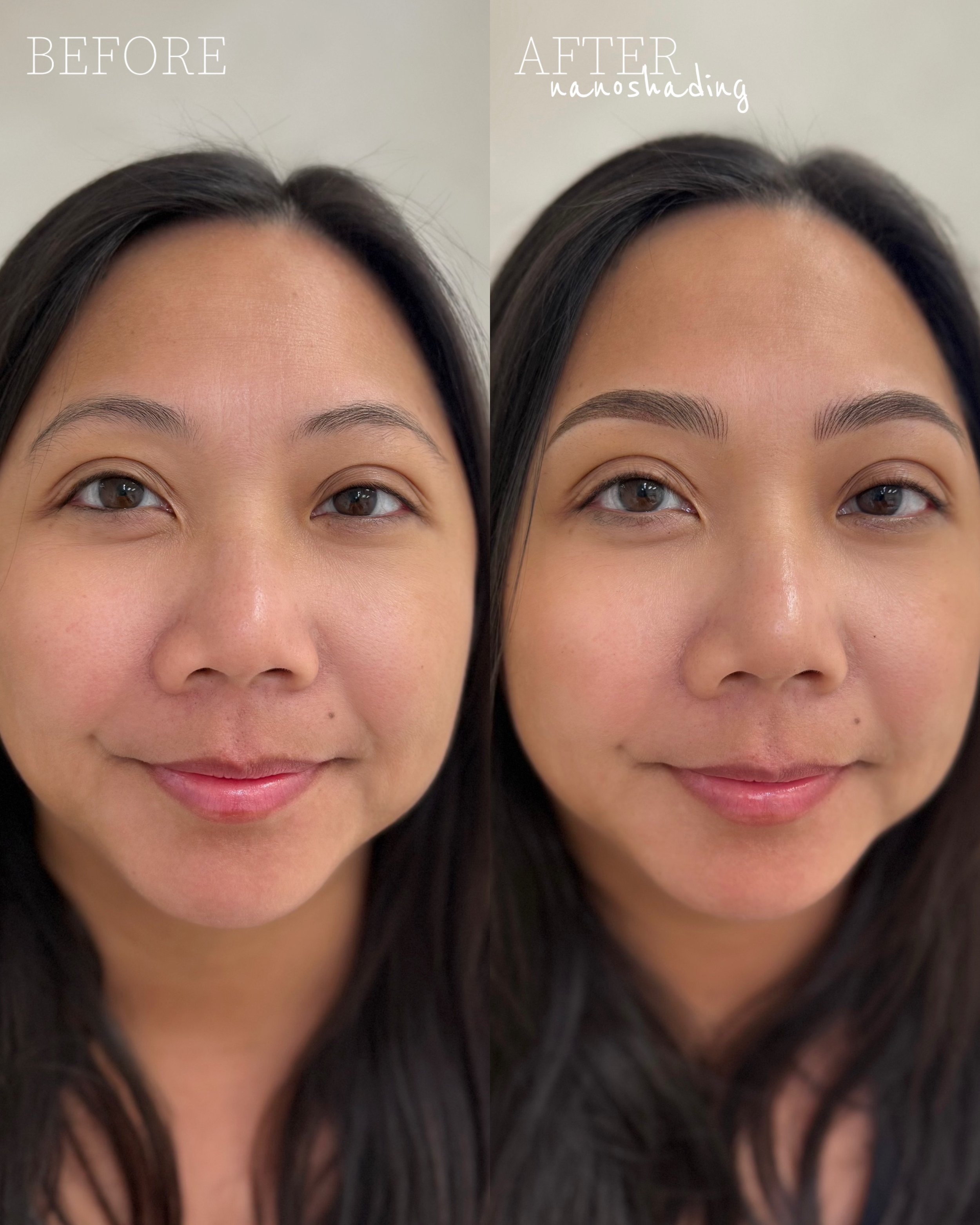 A side-by-side comparison image showing a woman's face before and after a nanoshading eyebrow treatment. The left side shows natural eyebrows, and the right side shows defined eyebrows with nanoshading.