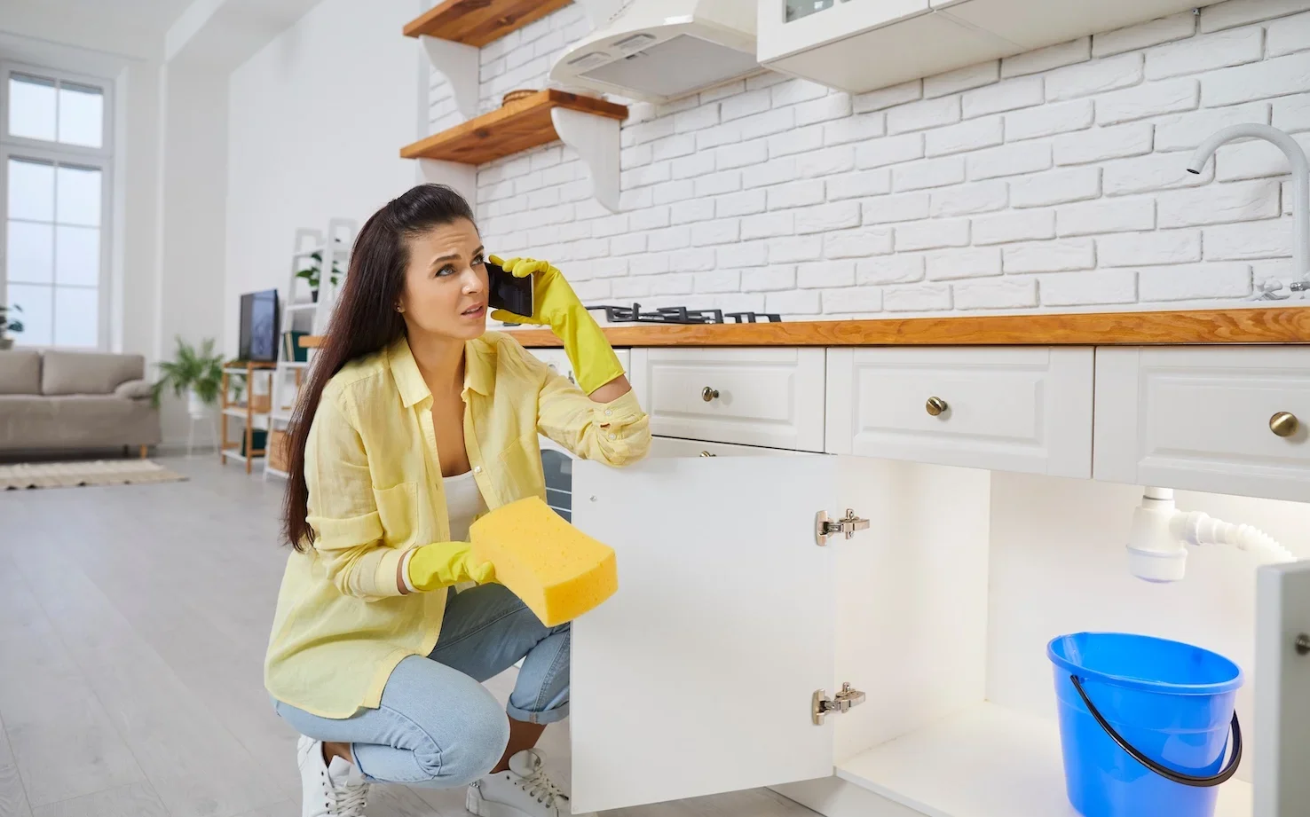 A woman wearing yellow rubber gloves is cleaning under the sink in a modern kitchen, holding a sponge and talking on the phone with a concerned or distracted expression.