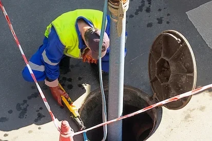 Worker wearing a yellow safety vest, blue coveralls, and red gloves inspecting a manhole with tools, surrounded by safety tape.