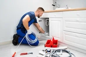 A plumber working under a kitchen sink, fixing plumbing pipes with tools and equipment nearby.