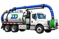 Illustration of a Drain Doctor pressure truck with a white cab, vacuum tank featuring the company logo, blue suction pipe and green hose reel.