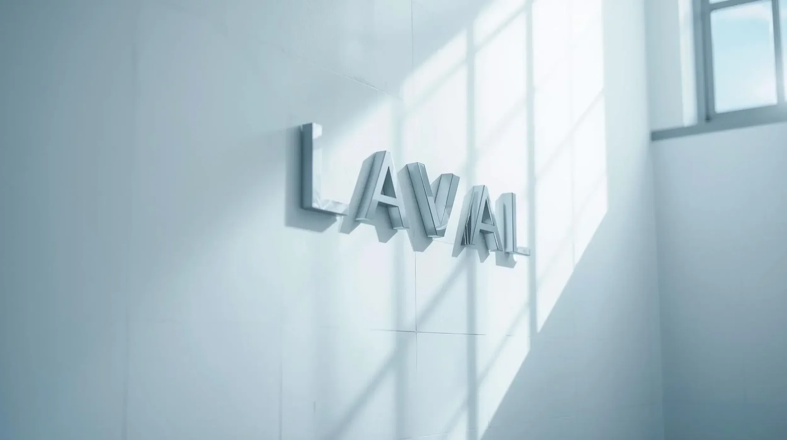Museum sign on a white wall that reads 'LAVAAL' with sunlight casting shadows and window in background.