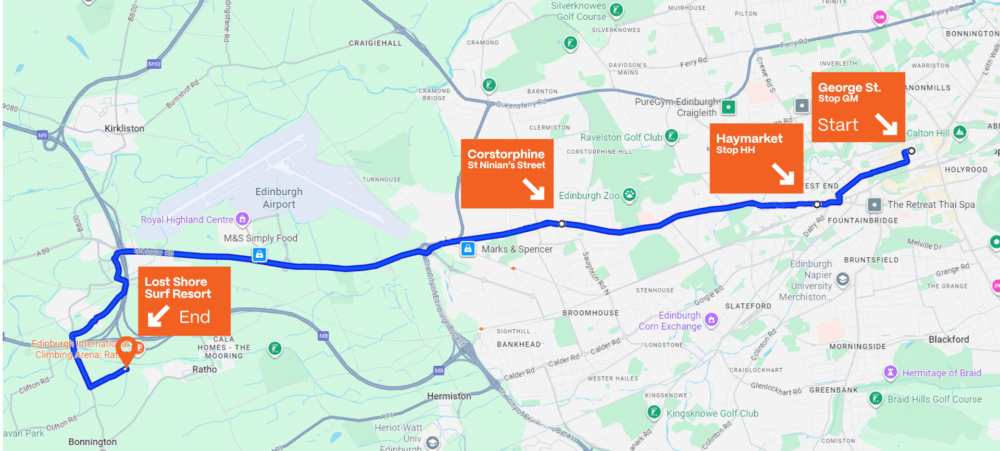 Map showing a route from George Street in Edinburgh to Lost Shore Surf Resort with stops at Haymarket, Corstorphine, and an endpoint at Lost Shore Surf Resort.