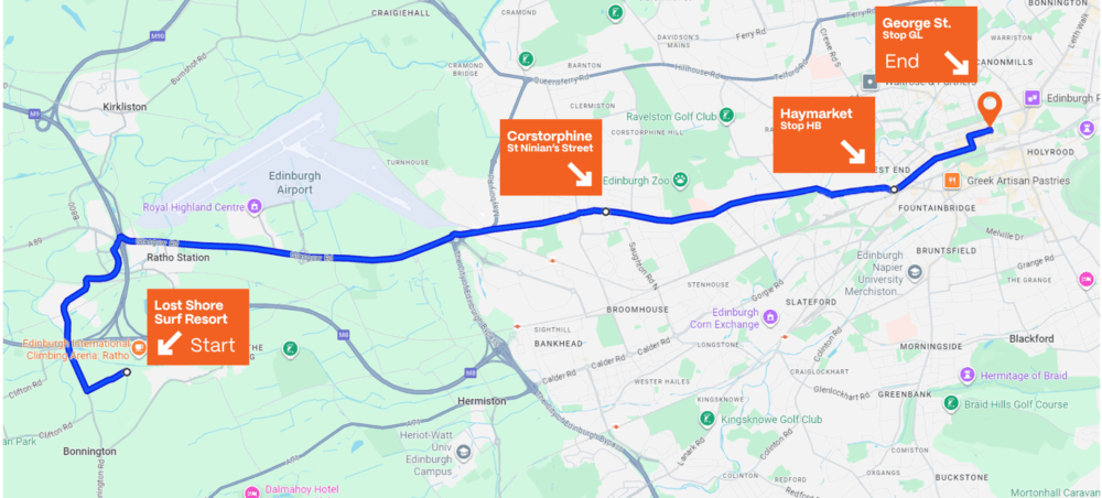 Map showing a route from Lost Shore Surf Resort to George Street, passing through Corstorphine and Haymarket in Edinburgh, Scotland.