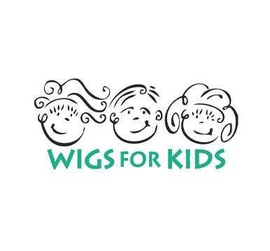 Logo featuring 'WIGS FOR KIDS' for Washington hair donation services to make wigs for children experiencing hair loss. ethical donation near me.