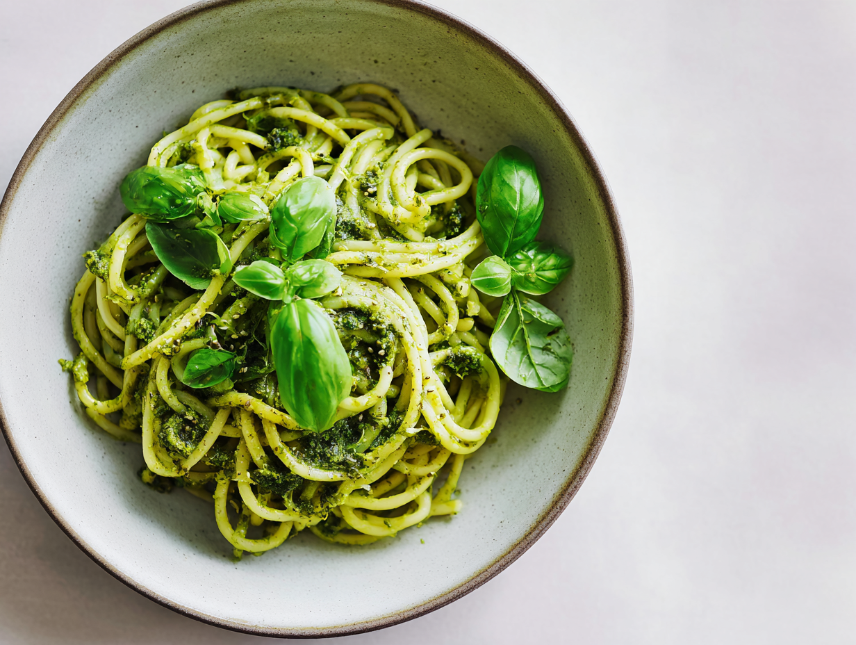 Snelle pesto pasta met verse basilicum