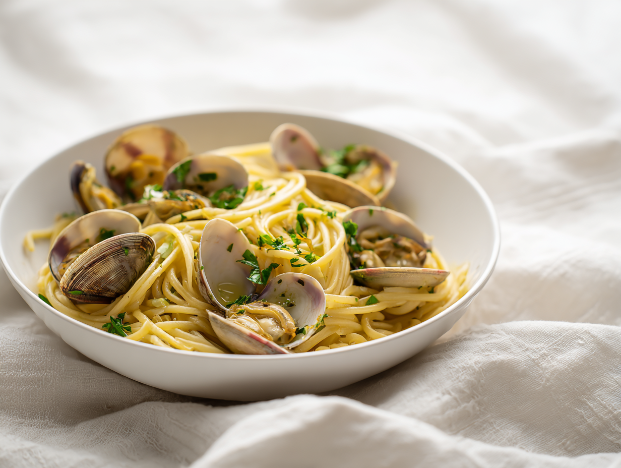 Spaghetti Vongole met knoflook en peterselie