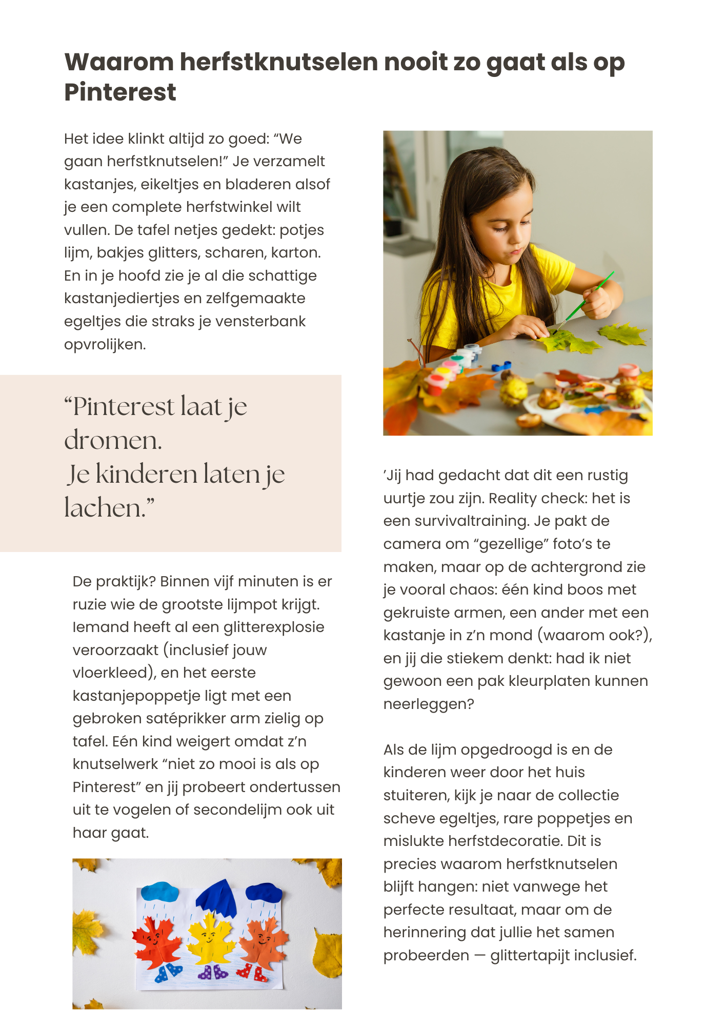 Blog pagina waarom herfst knutselen nooit zo gaat als op Pinterest