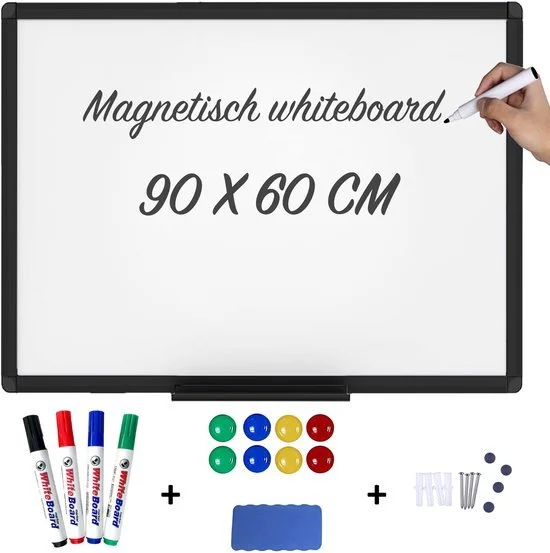 Magnetisch Whiteboard 60x90 cm. Compleet met stiften, magneten en marker.