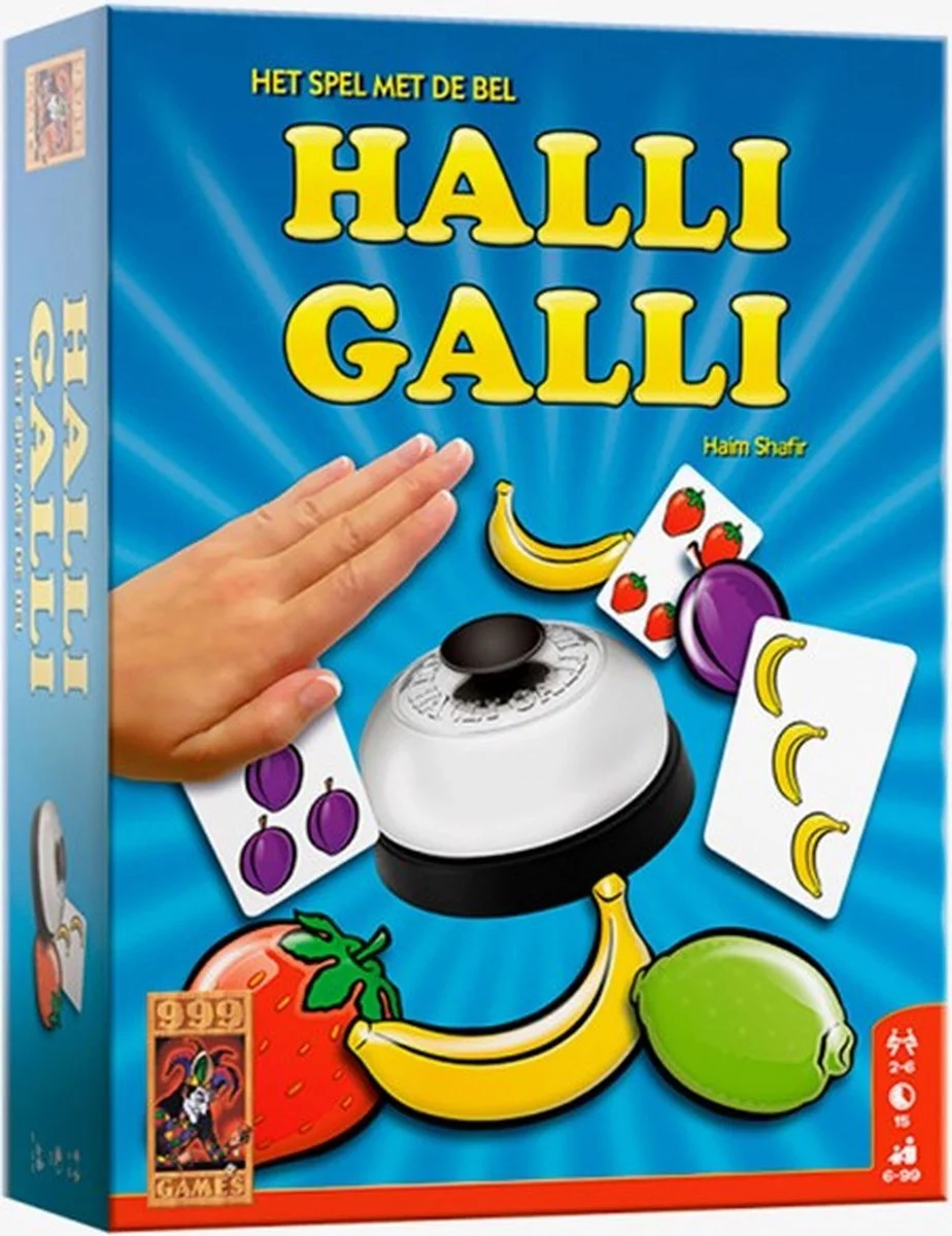 Halli Galli - het spel met de bel. Snel, spannend en lachwekkend! Bel als je vijf dezelfde vruchten ziet en win de stapel