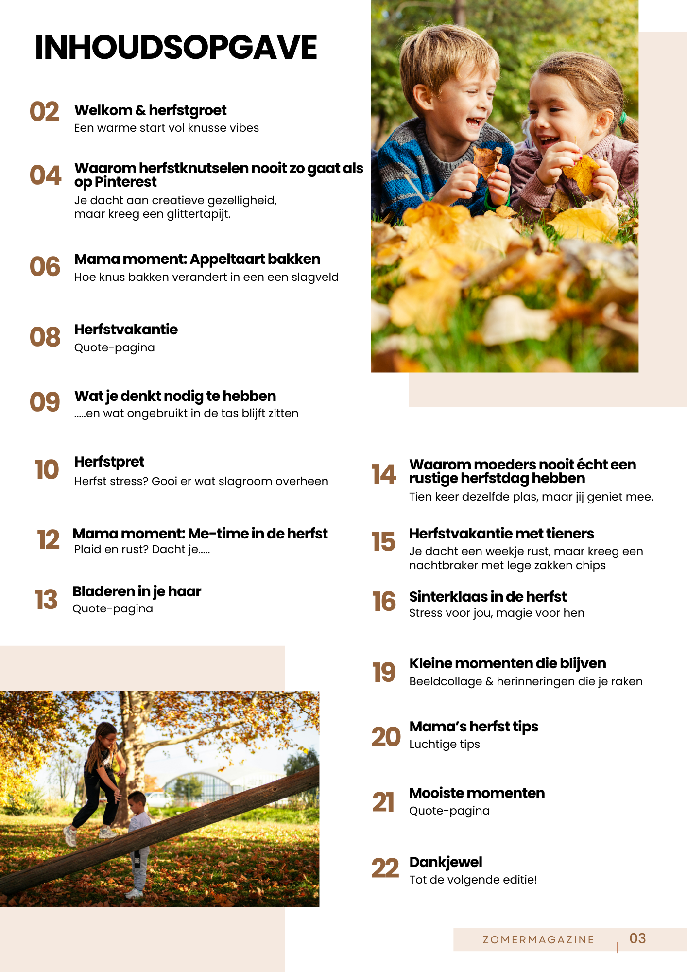 Inhoudsopgave van het mama & more herfst magazine met 2 leuke foto's met bladeren en kinderen