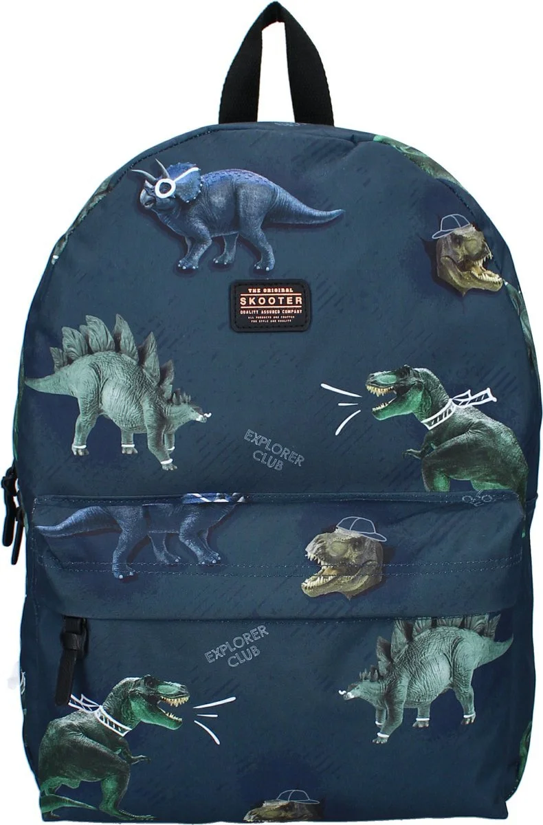 Blauwe scooter kinder rugtas met een dino print
