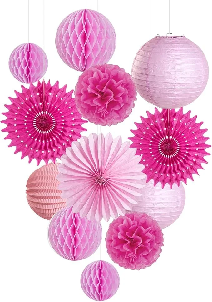 Roze feestdecoratie set 12 waaiers en pomponnen