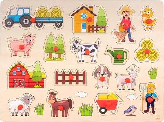 Houten knoppuzzel boerderij met 17 dieren en voertuigen. Stimuleert de fijne motoriek.