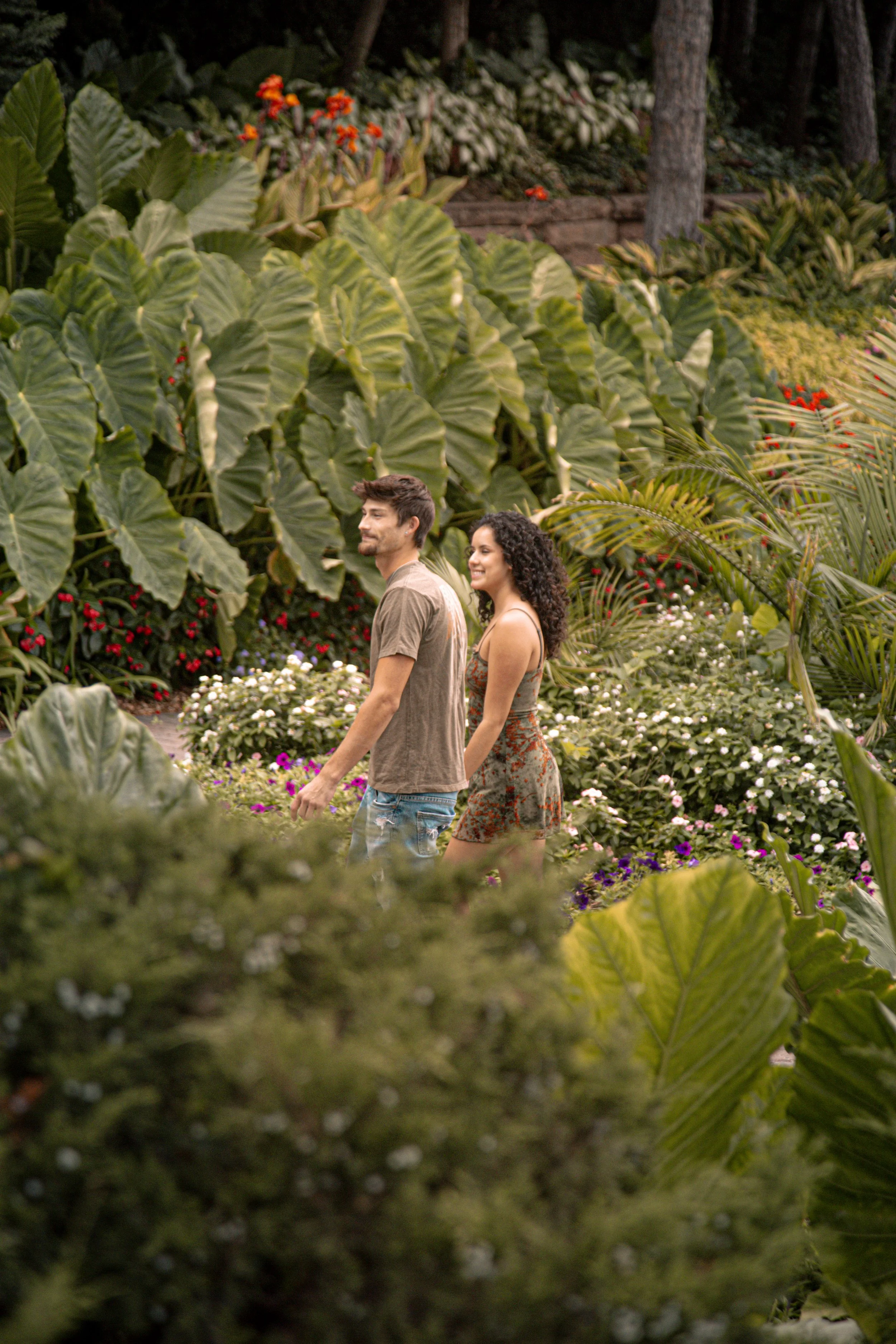 A man and woman walking through a lush garden filled with large green tropical leaves and colorful flowers.