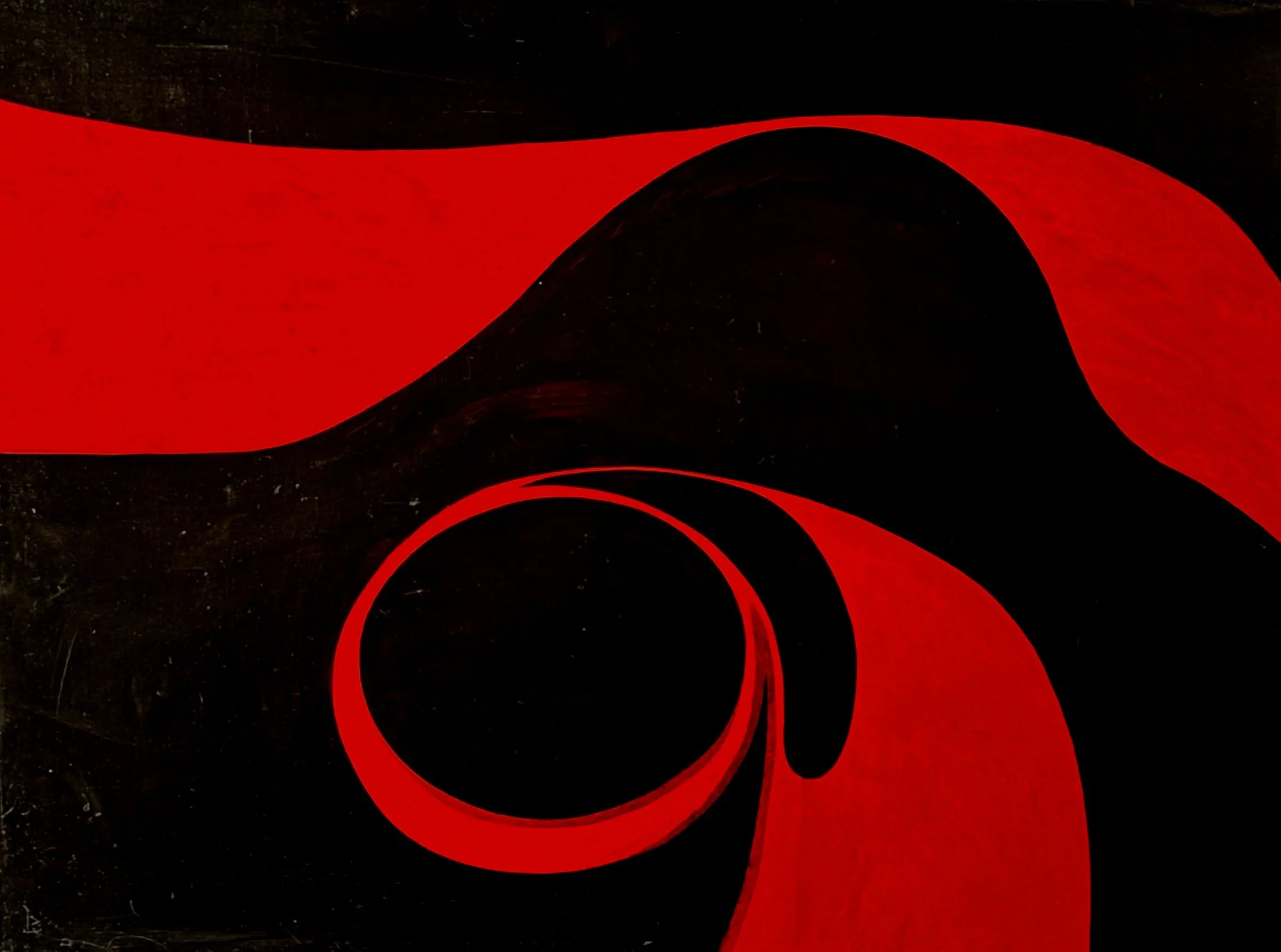 Seymour Fogel painting. Abstract design with red and black swirling patterns and circular shapes.