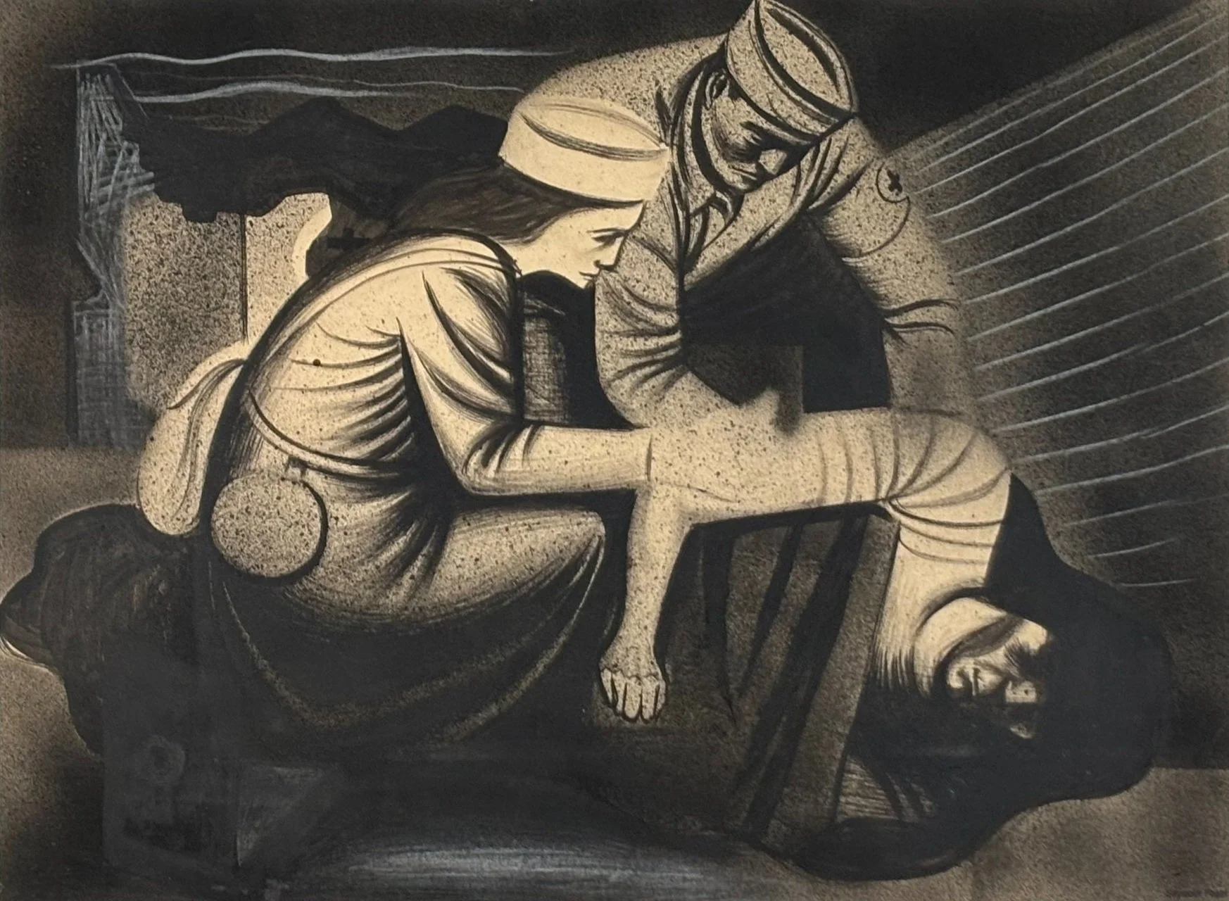 Seymour Fogel painting. Black and white artwork depicting a seated woman and a man in a military uniform. The scene is stylized with bold lines and shading.