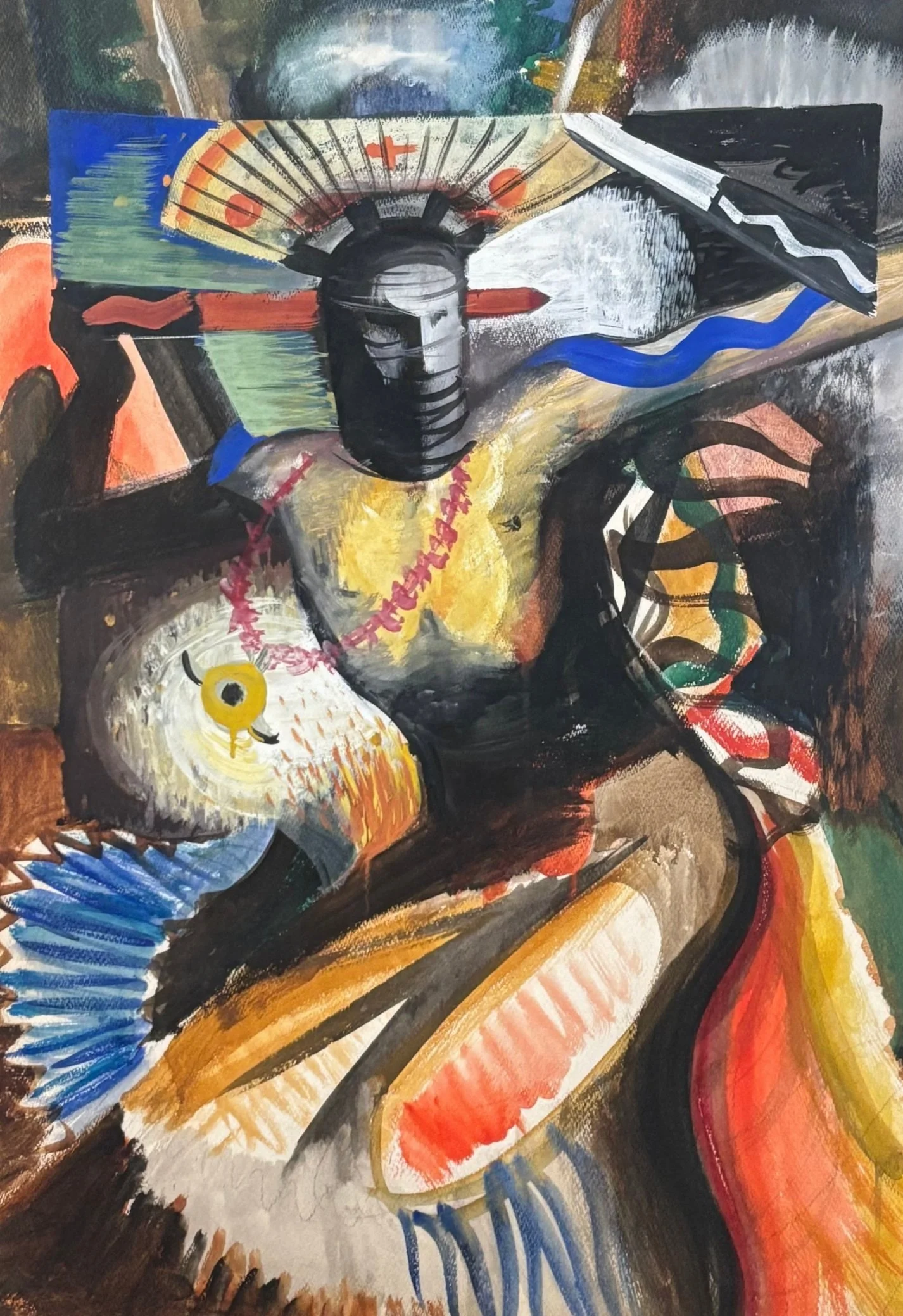 Seymour Fogel painting. An abstract painting with bold colors and expressive brushstrokes, featuring shapes resembling a human face, a hand, and various geometric forms.