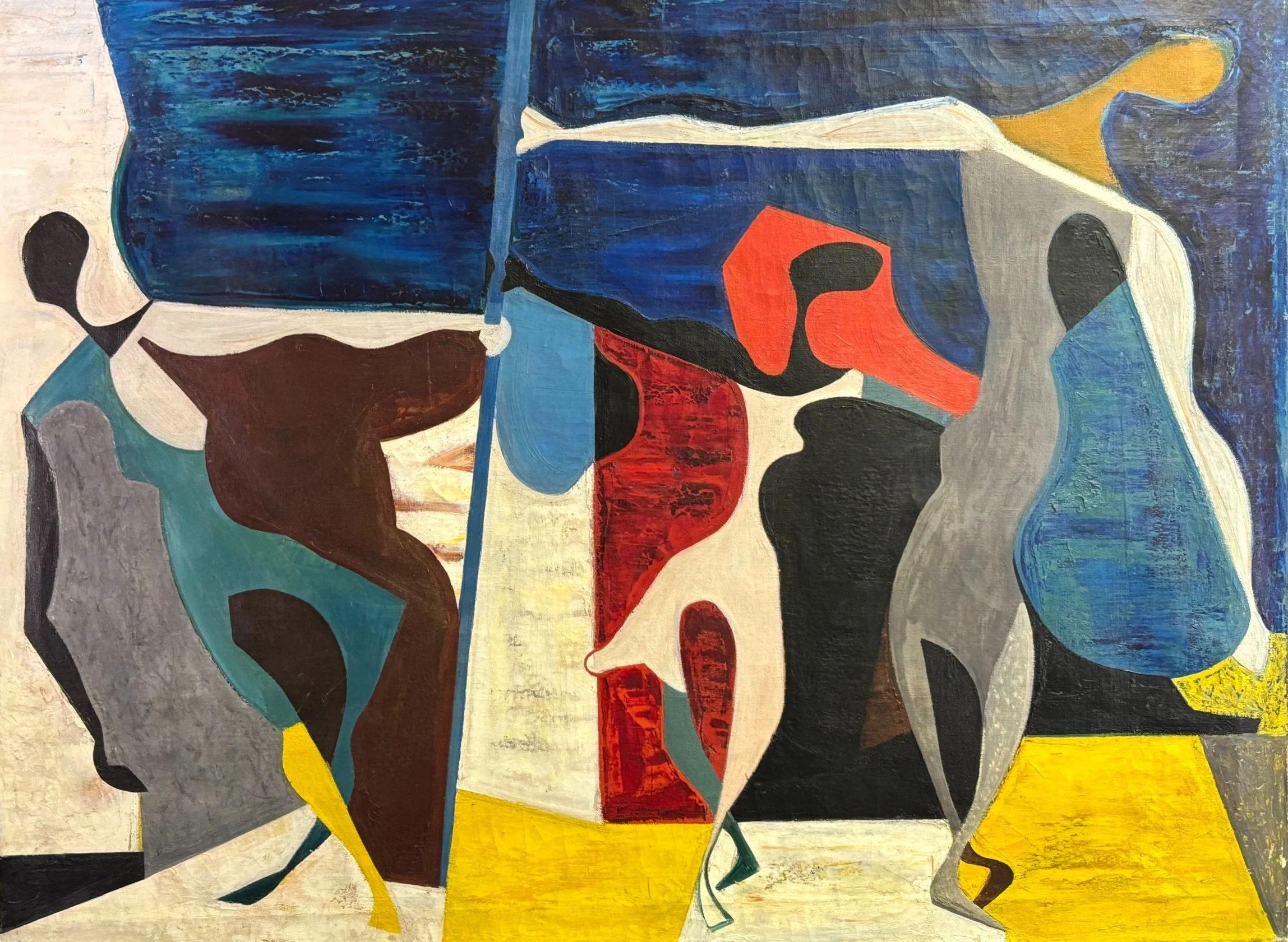 Seymour Fogel painting. An abstract painting with various shapes and colors, primarily blue, red, yellow, black, and white, arranged in a composition of overlapping and interconnected forms.