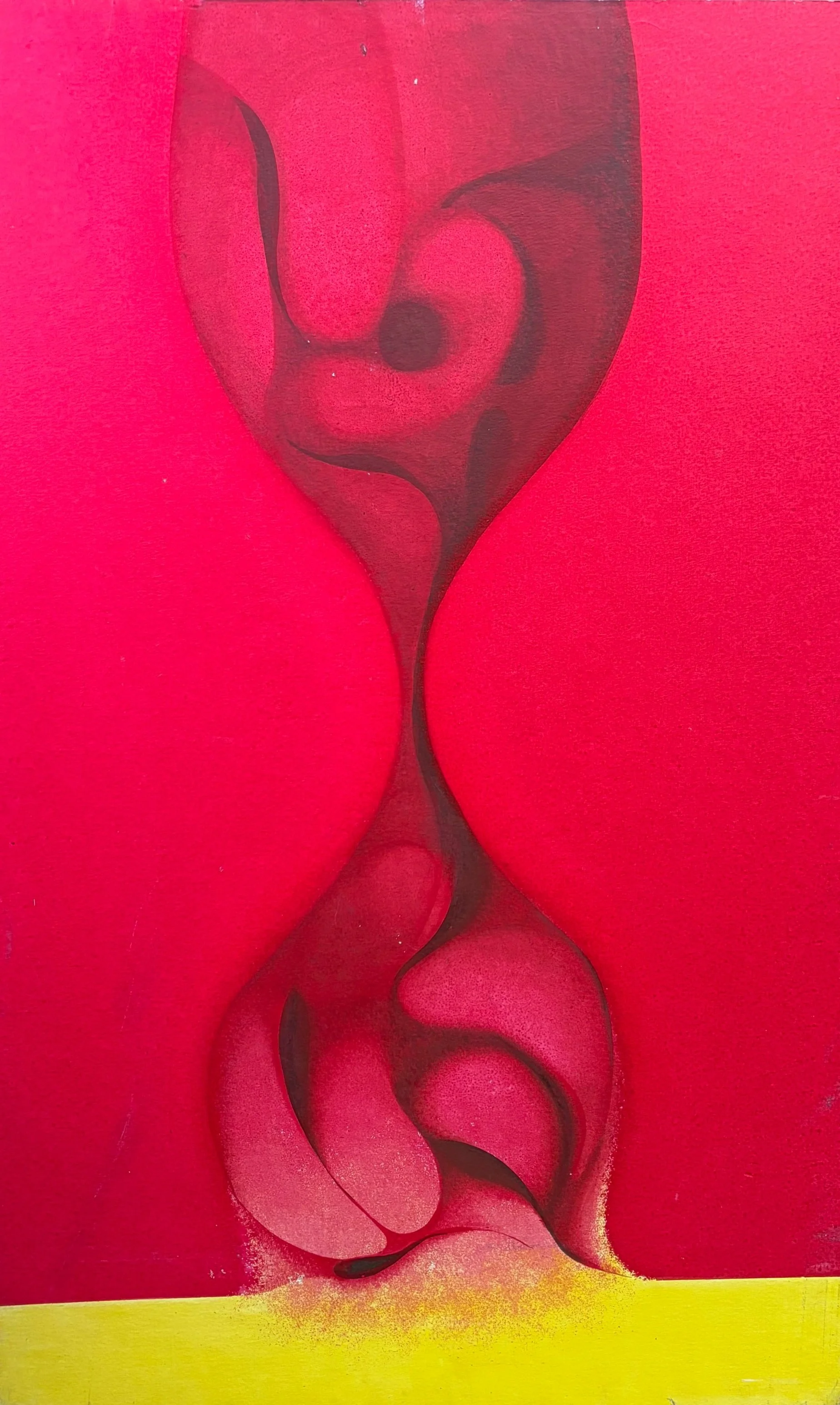 Seymour Fogel painting. Abstract artwork featuring black inkblot shapes on a vibrant red background with a yellow border at the bottom.