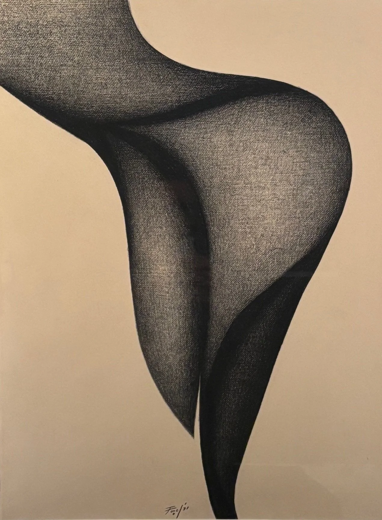 Seymour Fogel painting. Black sheer stockings on a woman's leg, with the leg bent at the knee, against a neutral background.