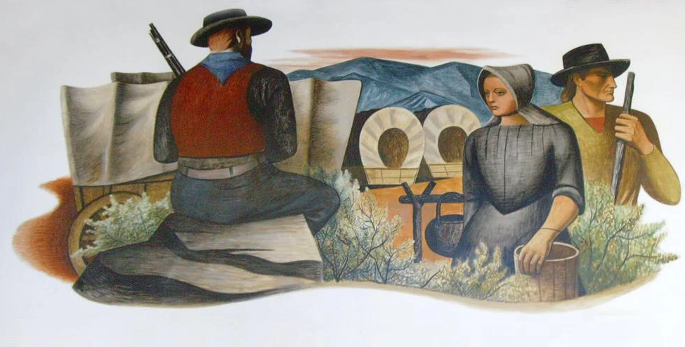 For the fourth piece in the "History of the Gila Valley" series, "Immigrants" shows circled wagons under night watch. Stark lines and quiet geometry convey the fear and fortitude of settlers. (4/6)