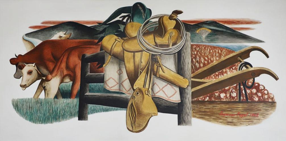 Closing Fogel’s "History of the Gila Valley" series, "Riches" celebrates cattle and open land—symbols of economic promise. Broad, rhythmic shapes suggest abundance, yet this prosperity rests on a selective story of settlement. (6/6)
